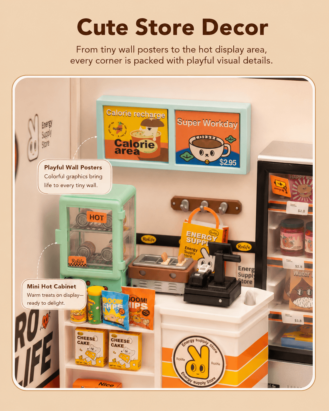 Rolife Energy Supply Store DW002 store decor close-up with counter, posters, and product display rack