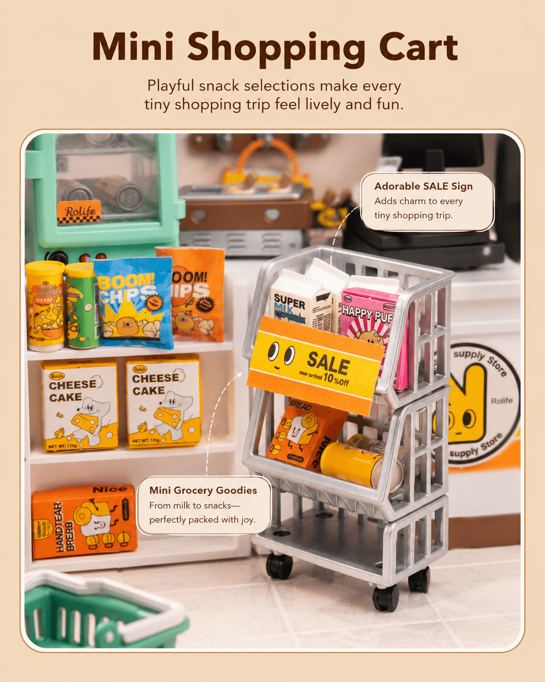Rolife Energy Supply Store DW002 shopping cart close-up with basket and sale items