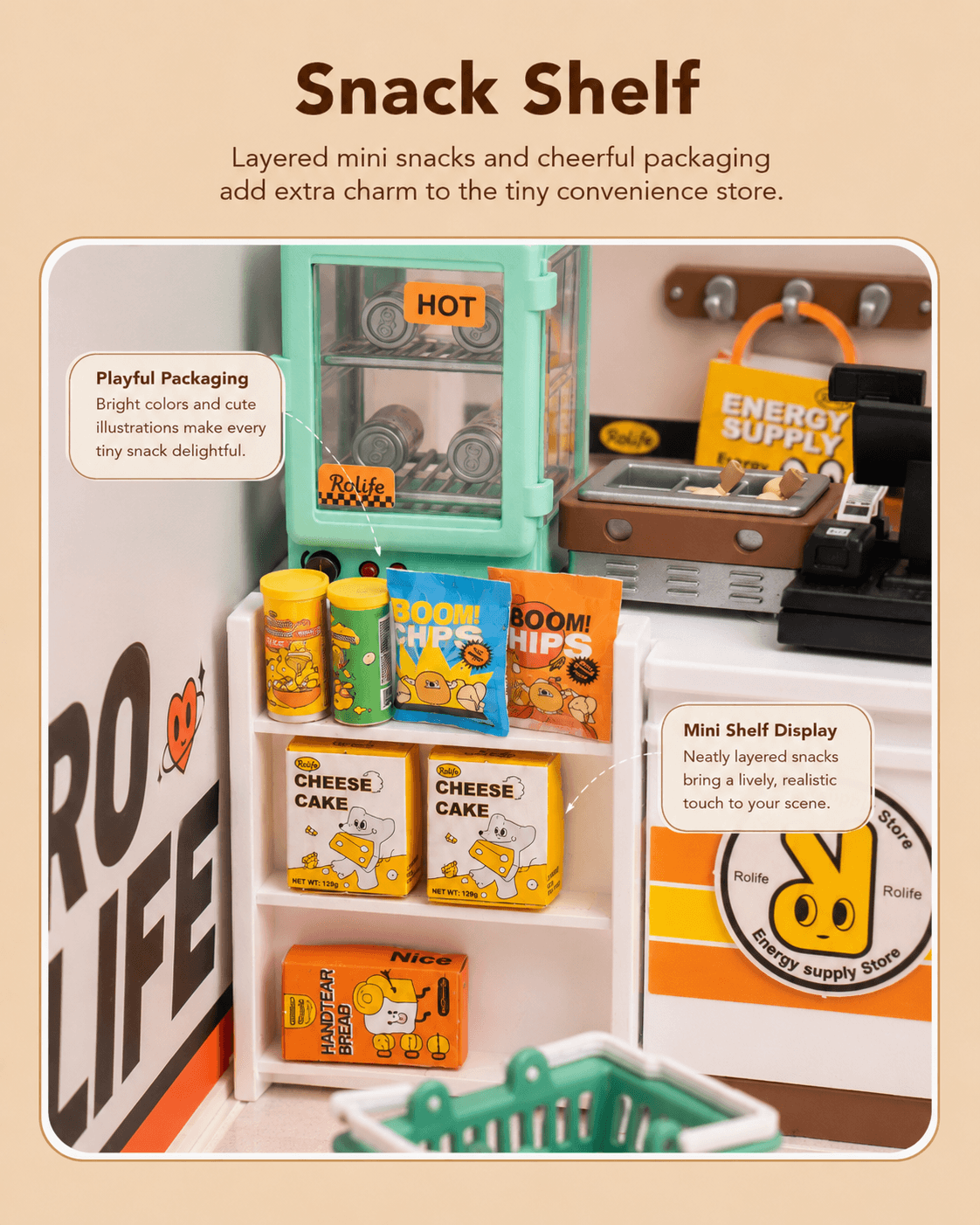 Rolife Energy Supply Store DW002 snack shelf close-up with packaged snacks and microwave corner