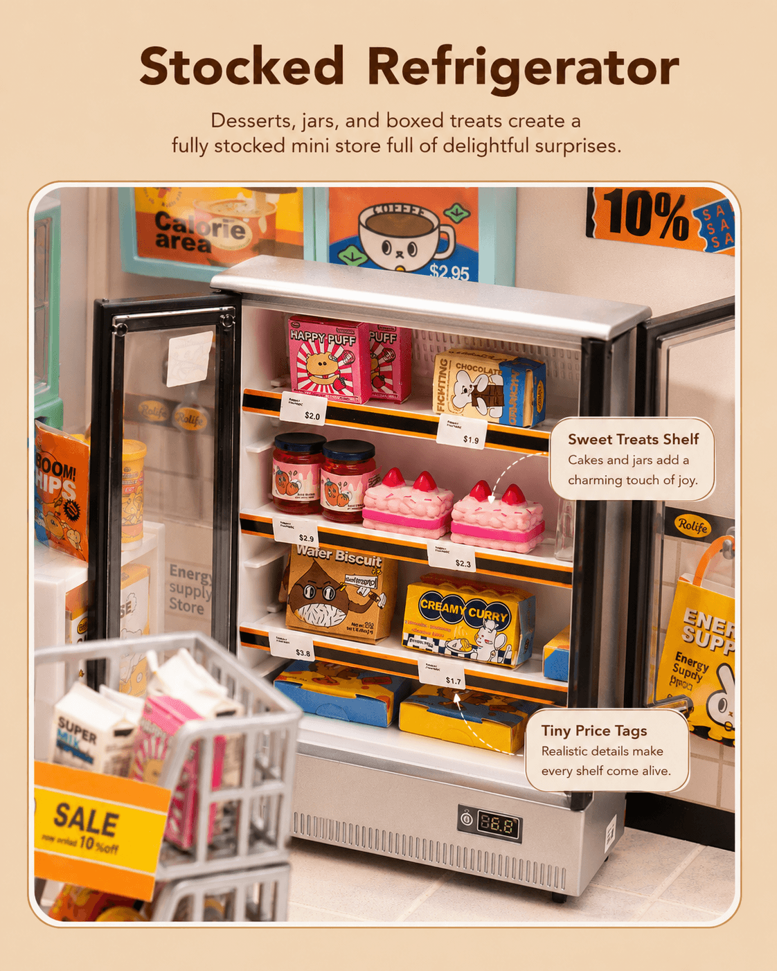 Rolife Energy Supply Store DW002 stocked refrigerator close-up with desserts and snacks