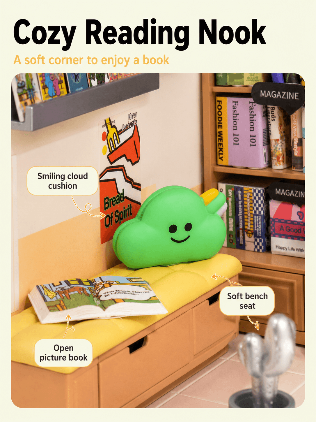 Rolife Fascinating Book Store DW004 cozy reading nook close-up with bench seat and open book