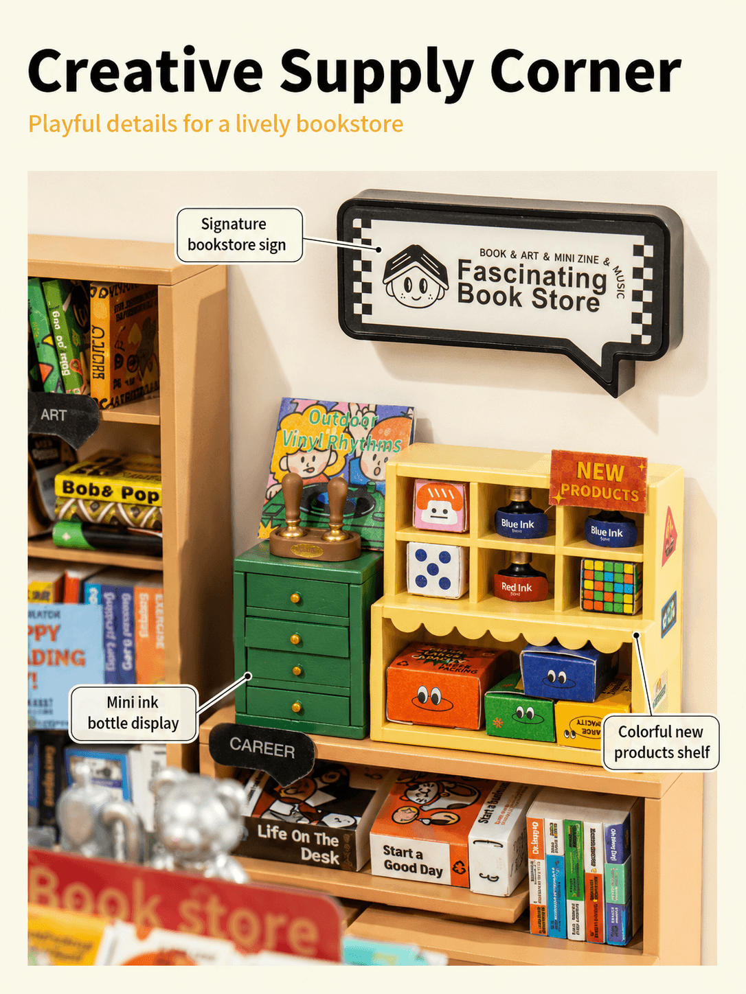 Rolife Fascinating Book Store DW004 creative supply corner close-up with signboard and shelves