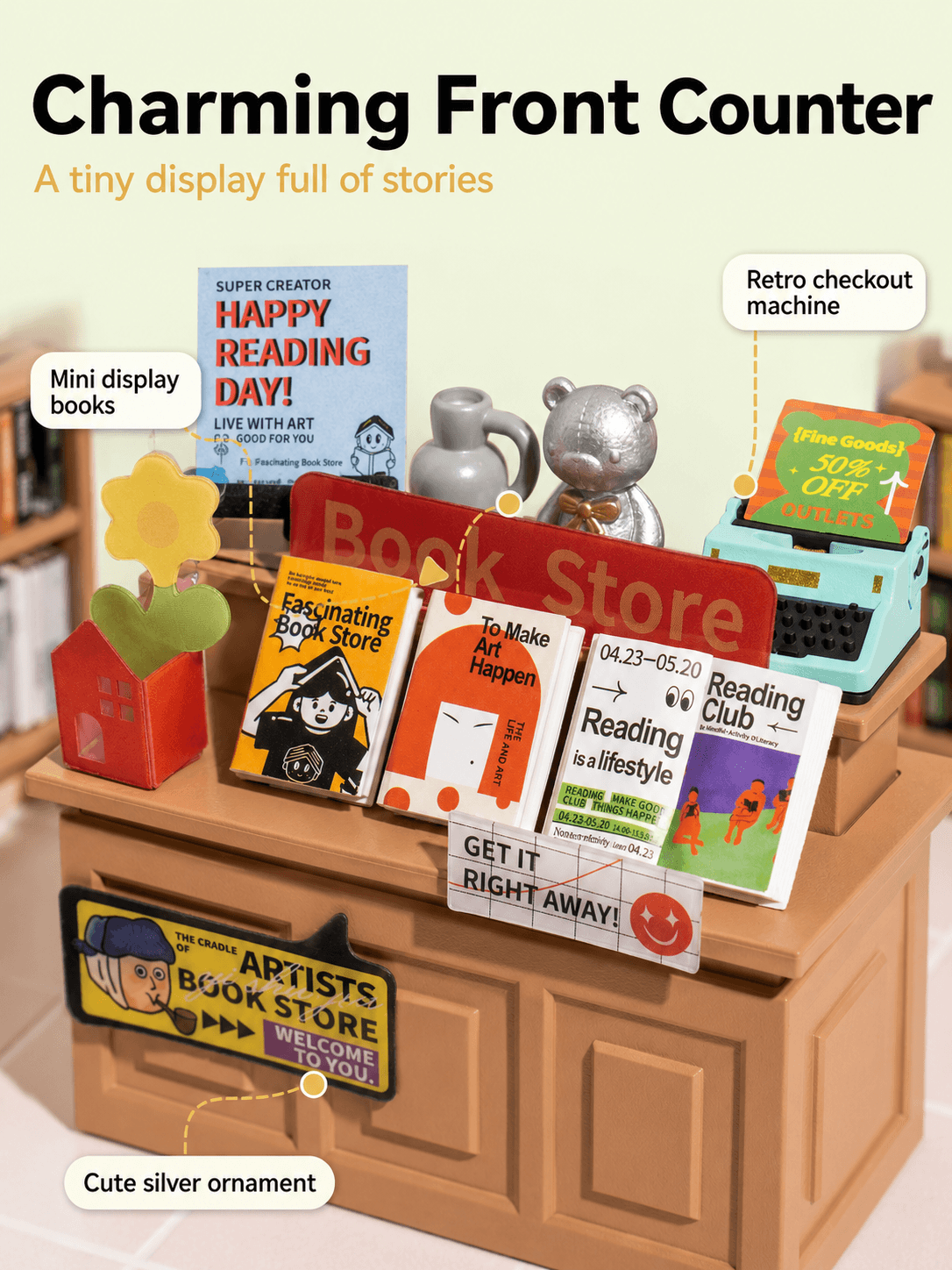 Rolife Fascinating Book Store DW004 front counter close-up with books and cashier display