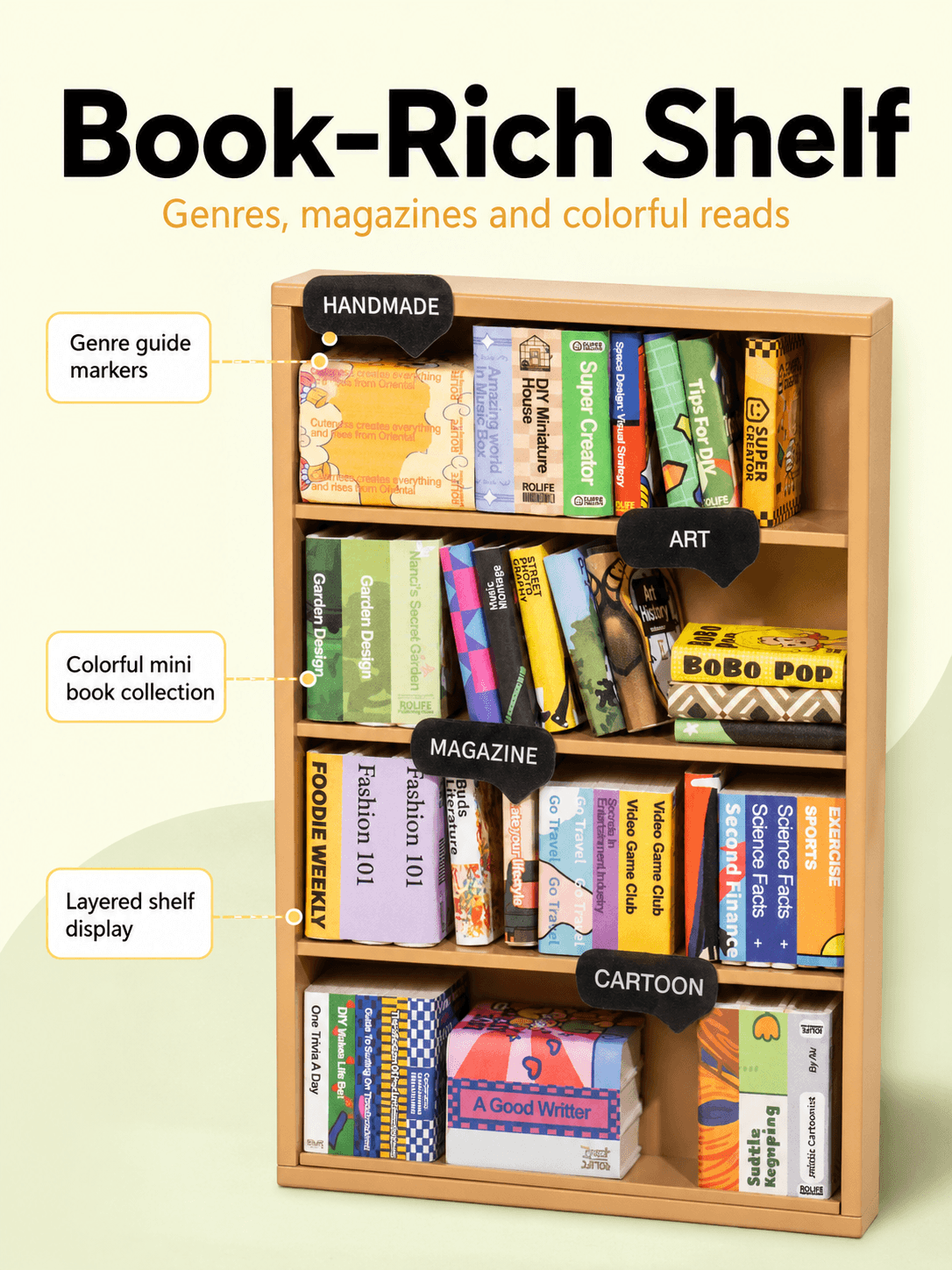 Rolife Fascinating Book Store DW004 bookshelf close-up with colorful books and magazines