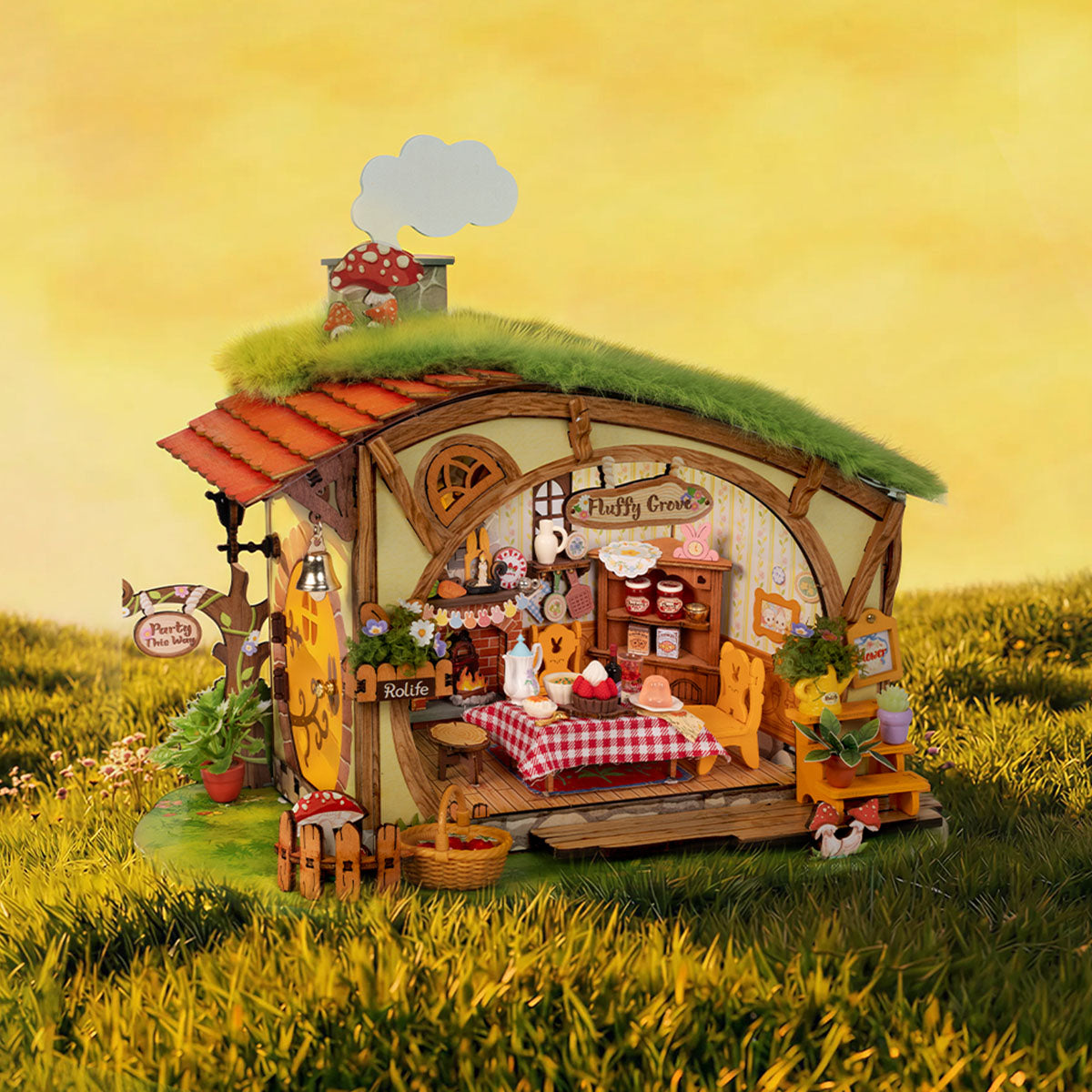 Rolife Fluffy Grove miniature house in a warm evening scene