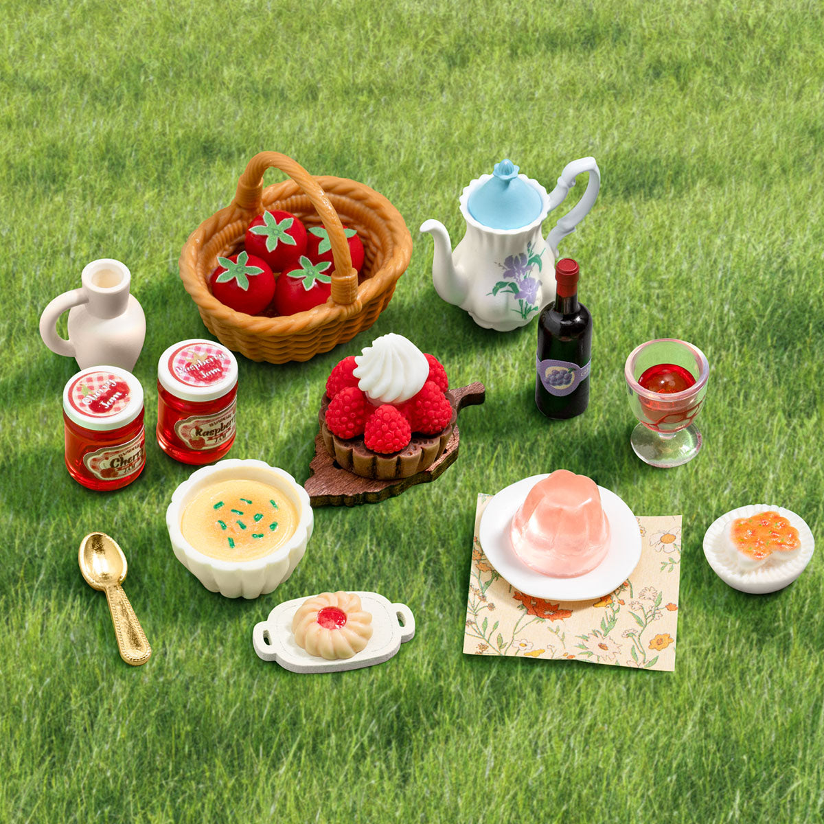 Fluffy Grove miniature food, tea set, fruit basket, tart, and dessert details