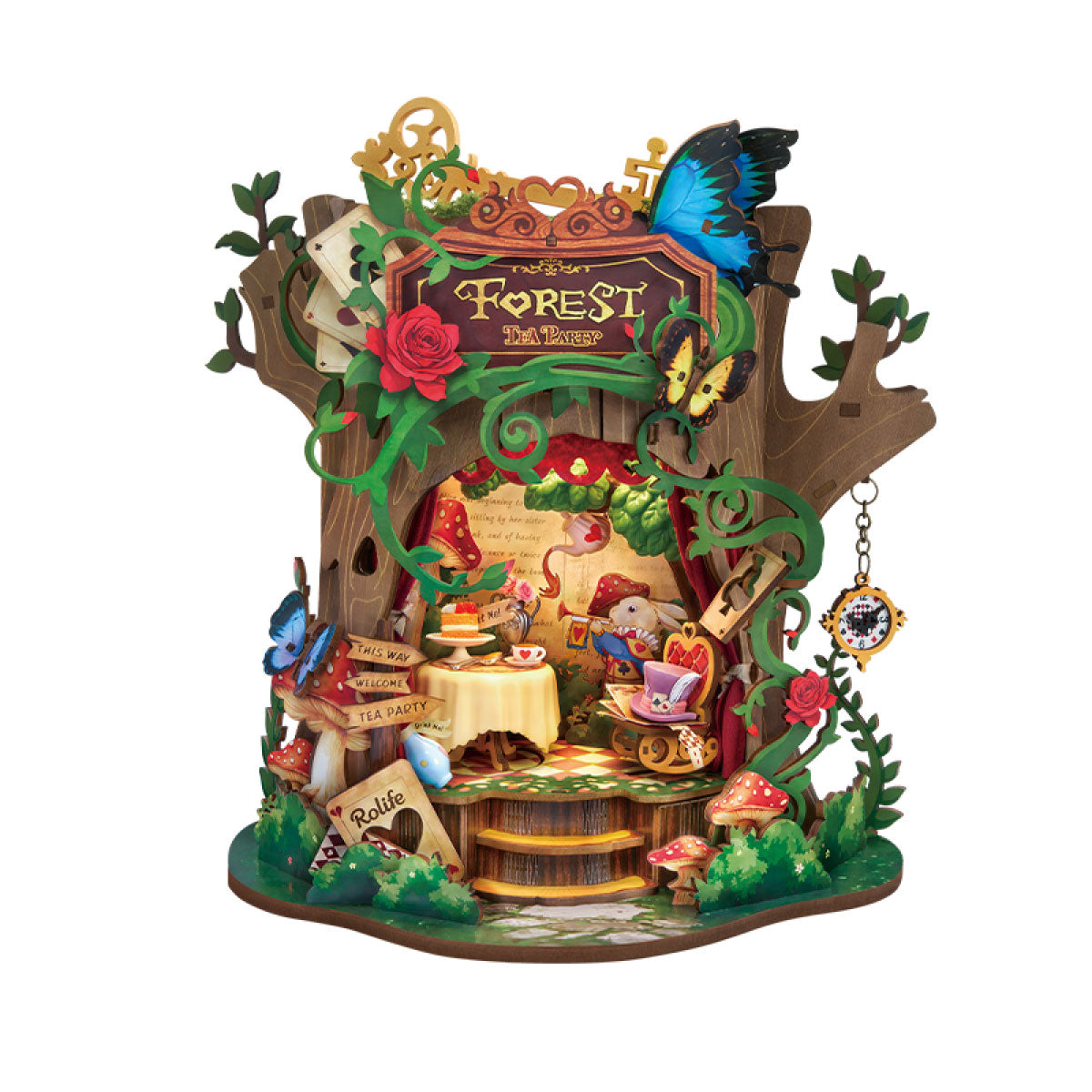 Fertiggestellte Rolife Forest Tea Party AMT03 DIY-Spieluhr auf einem sauberen Hintergrund