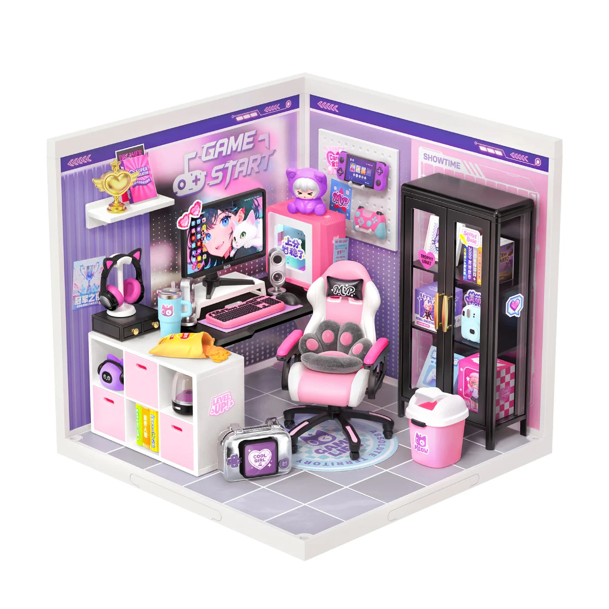 Gamer Queen DW031 miniature gaming room with a pink-and-white chair, computer desk, and black display cabinet