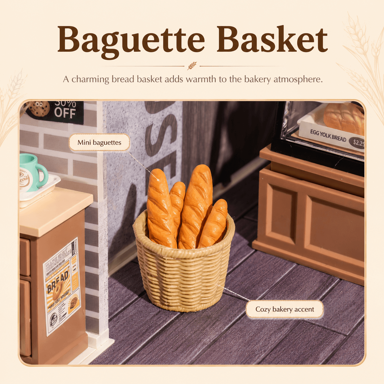 Rolife Golden Wheat Bakery DW005B baguette basket detail graphic with mini baguettes