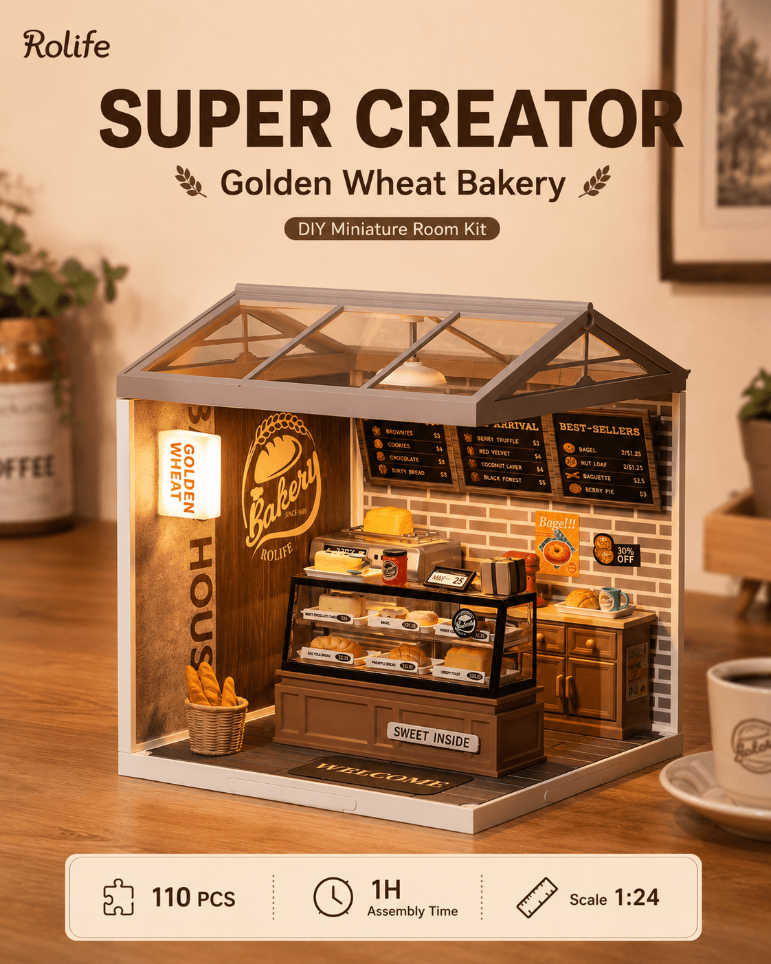 Rolife Golden Wheat Bakery DW005B overview graphic with 110 pieces, 1 hour assembly time, and 1:24 scale