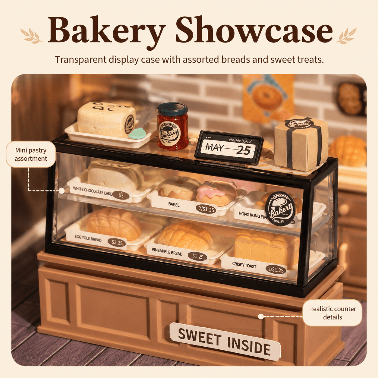 Rolife Golden Wheat Bakery DW005B bakery showcase detail graphic with assorted breads and pastries