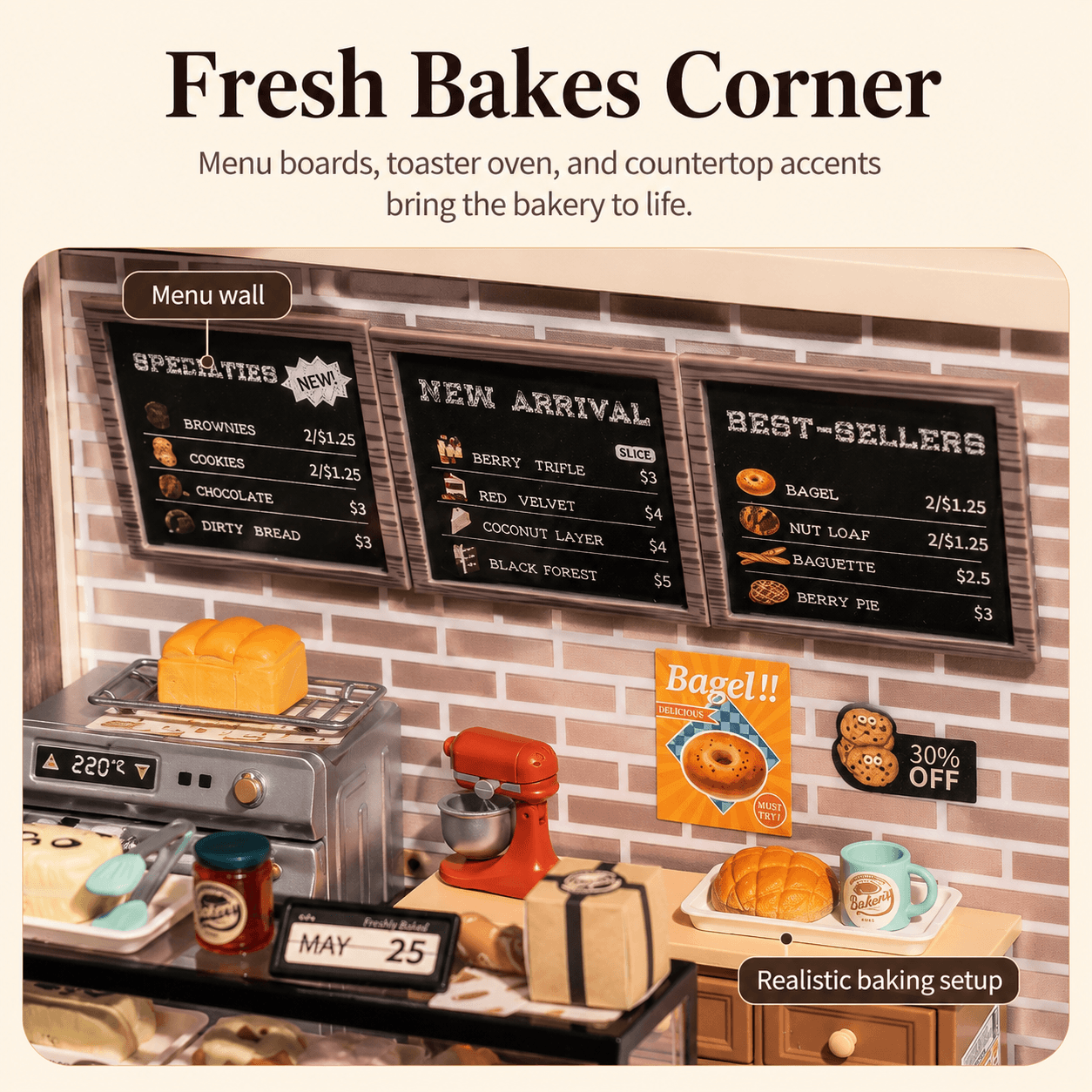 Rolife Golden Wheat Bakery DW005B fresh bakes corner detail graphic with menu boards, toaster oven, and countertop accessories