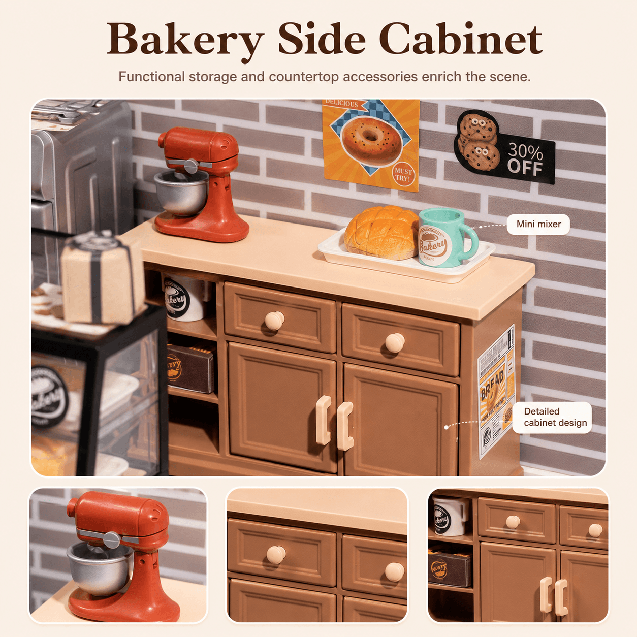 Rolife Golden Wheat Bakery DW005B bakery side cabinet detail graphic with mixer, bread tray, and storage