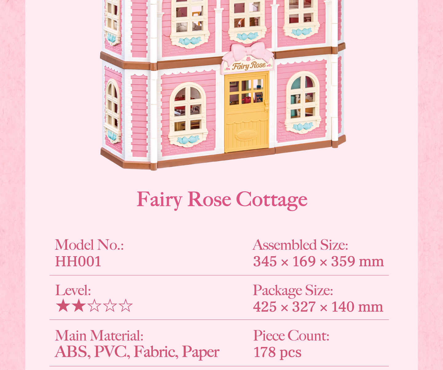 Rolife Fairy Rose Cottage HH001 specifications showing model number, size, materials, and piece count.