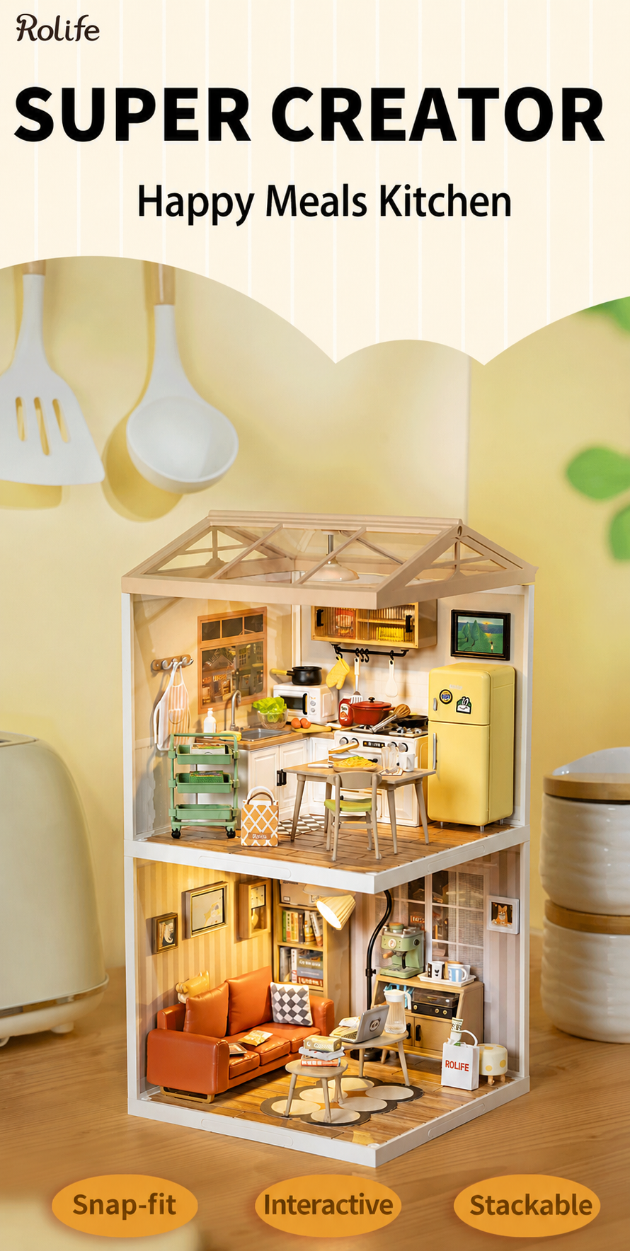 Rolife Happy Meals Kitchen DW008 overview graphic showing snap-fit, interactive, and stackable features