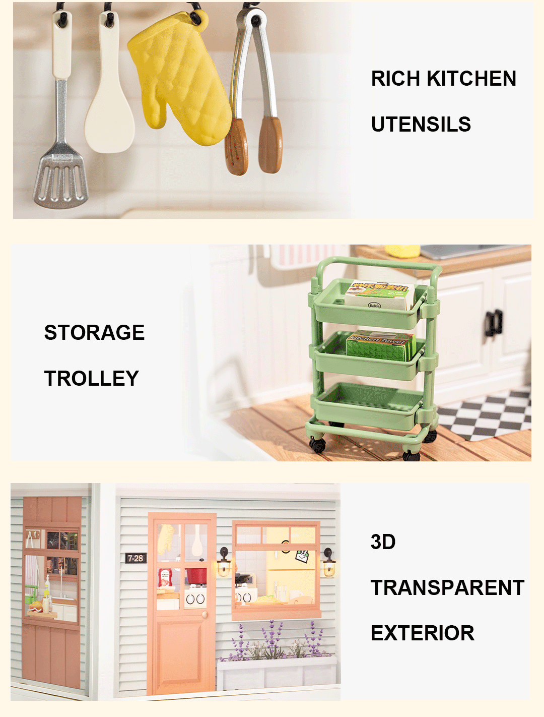 Rolife Happy Meals Kitchen DW008 utensil rack, storage trolley, and transparent exterior detail graphic
