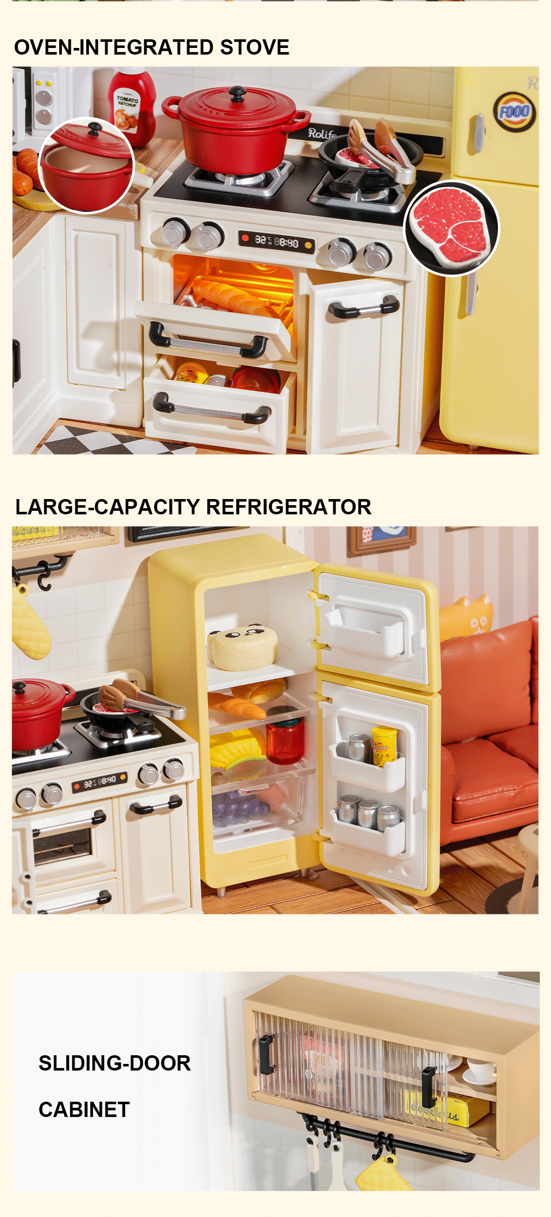 Rolife Happy Meals Kitchen DW008 stove, refrigerator, and sideboard cabinet detail graphic