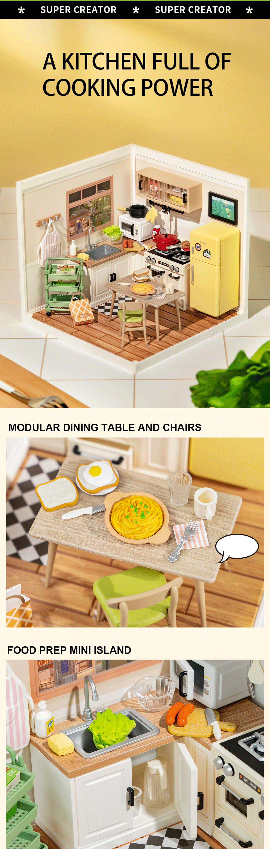 Rolife Happy Meals Kitchen DW008 kitchen feature graphic with cooking corner and food prep details