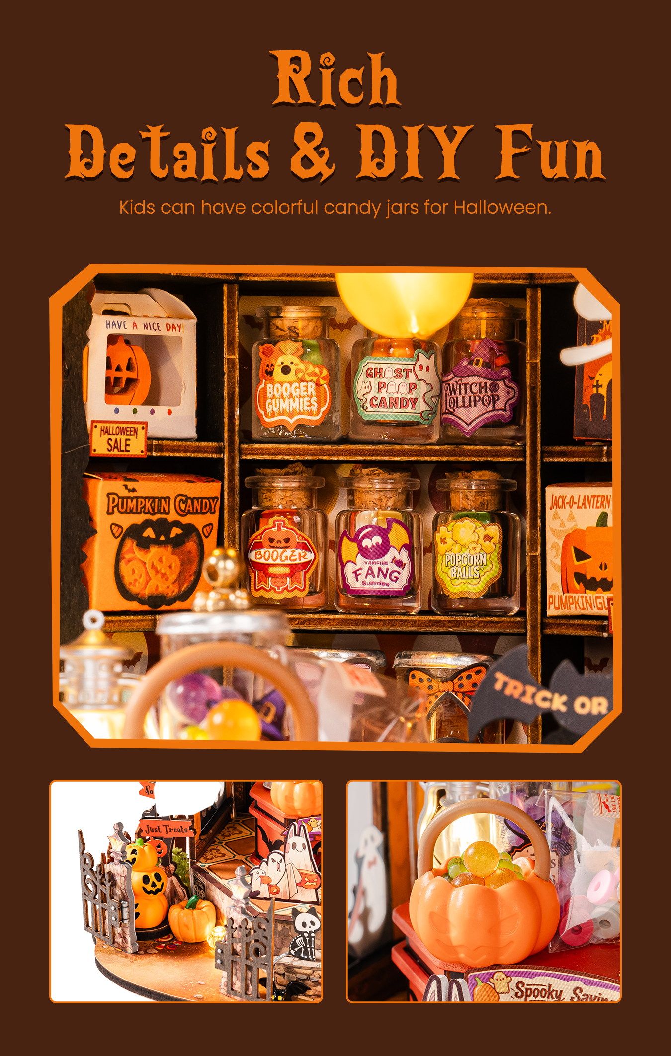 Haunted Candy House detail image showing Candy Shelf Detail: Explore colorful jars, illustrated boxes, and imaginative candy flavors across vintage wooden shelves.