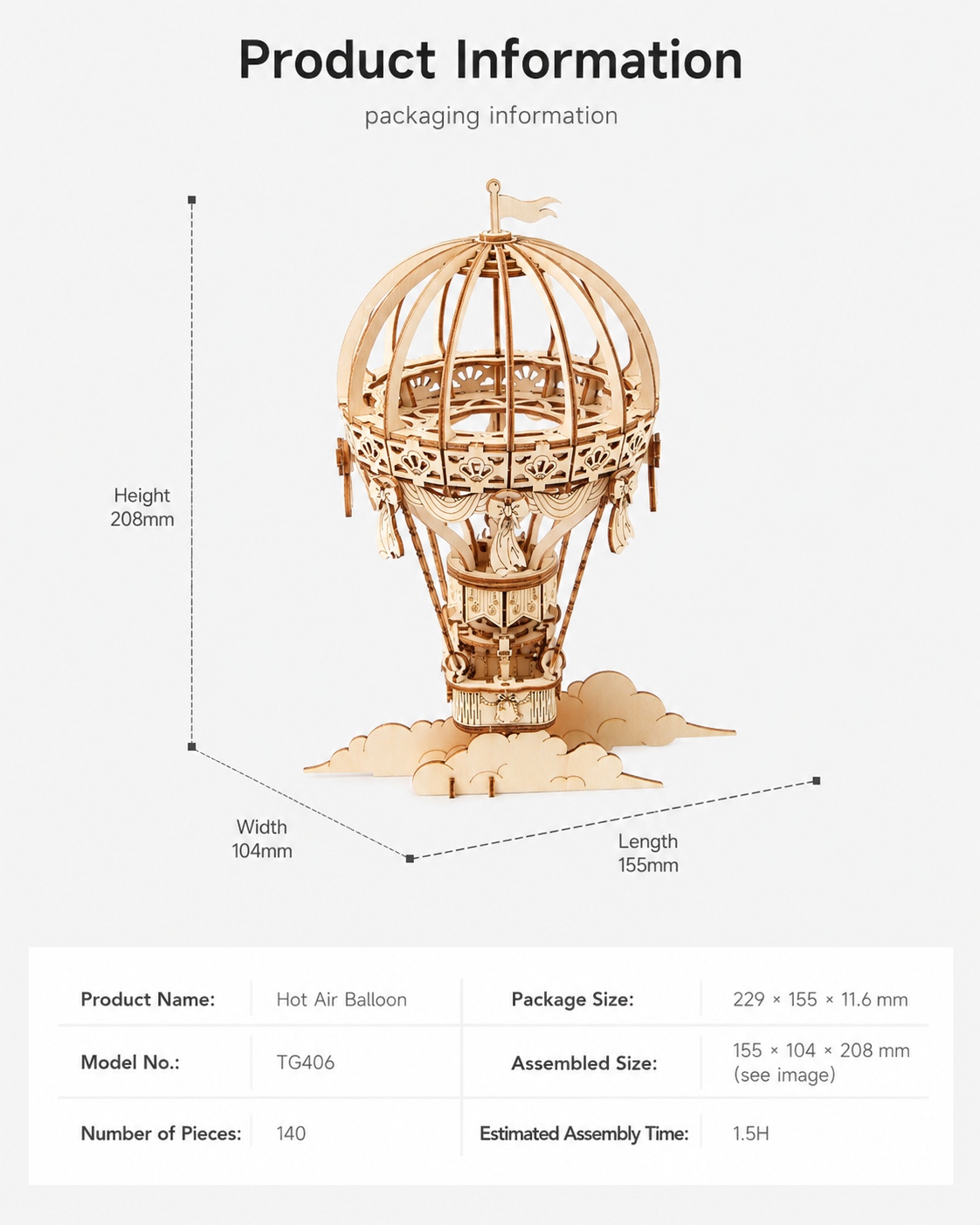 Rolife Hot Air Balloon product information showing model TG406, 140 pieces, 1.5-hour assembly time, assembled size 155 x 104 x 208 mm, and package size 229 x 155 x 11.6 mm