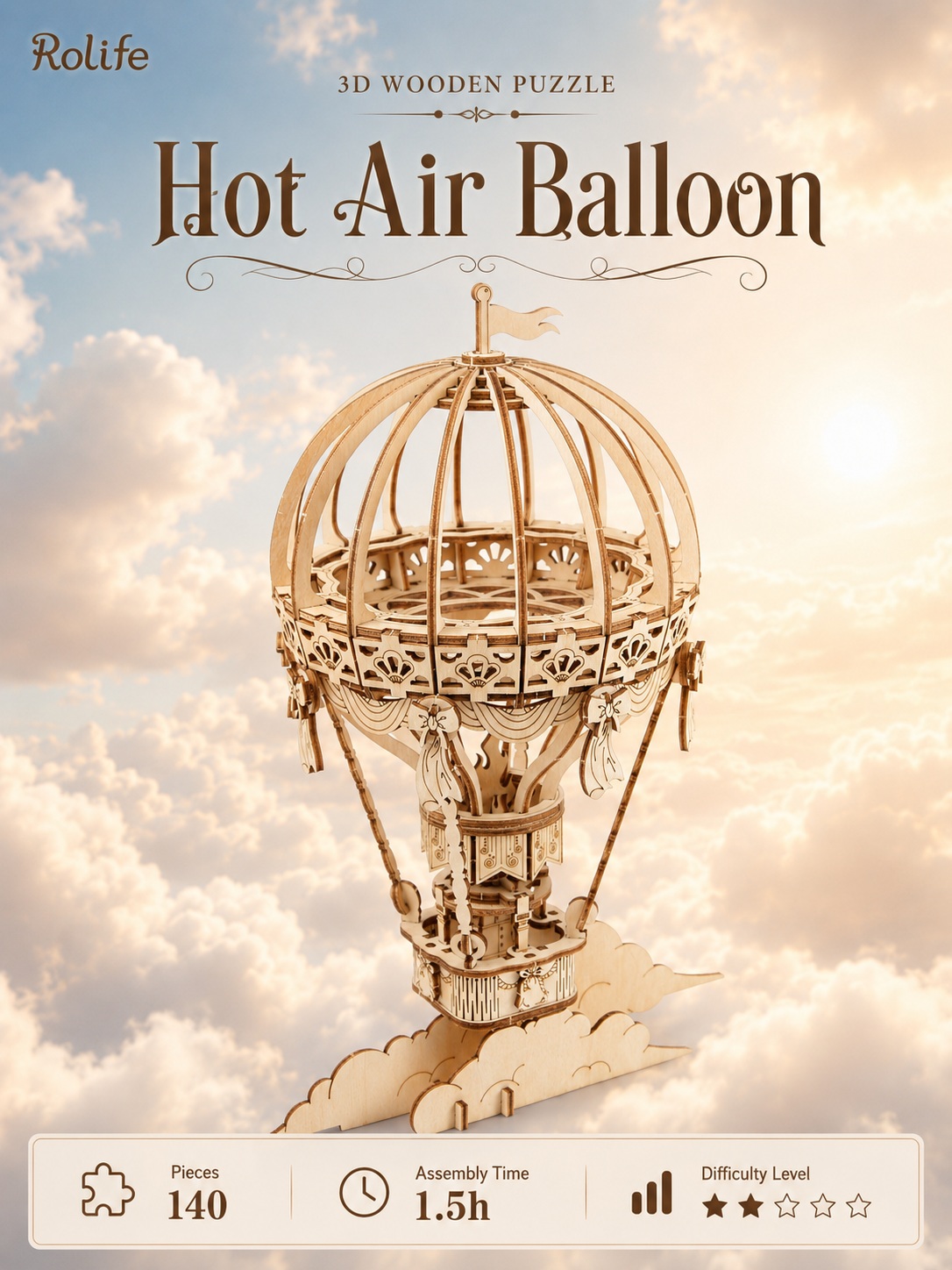 Rolife Hot Air Balloon overview graphic showing 140 pieces, 1.5-hour assembly time, and difficulty level 2