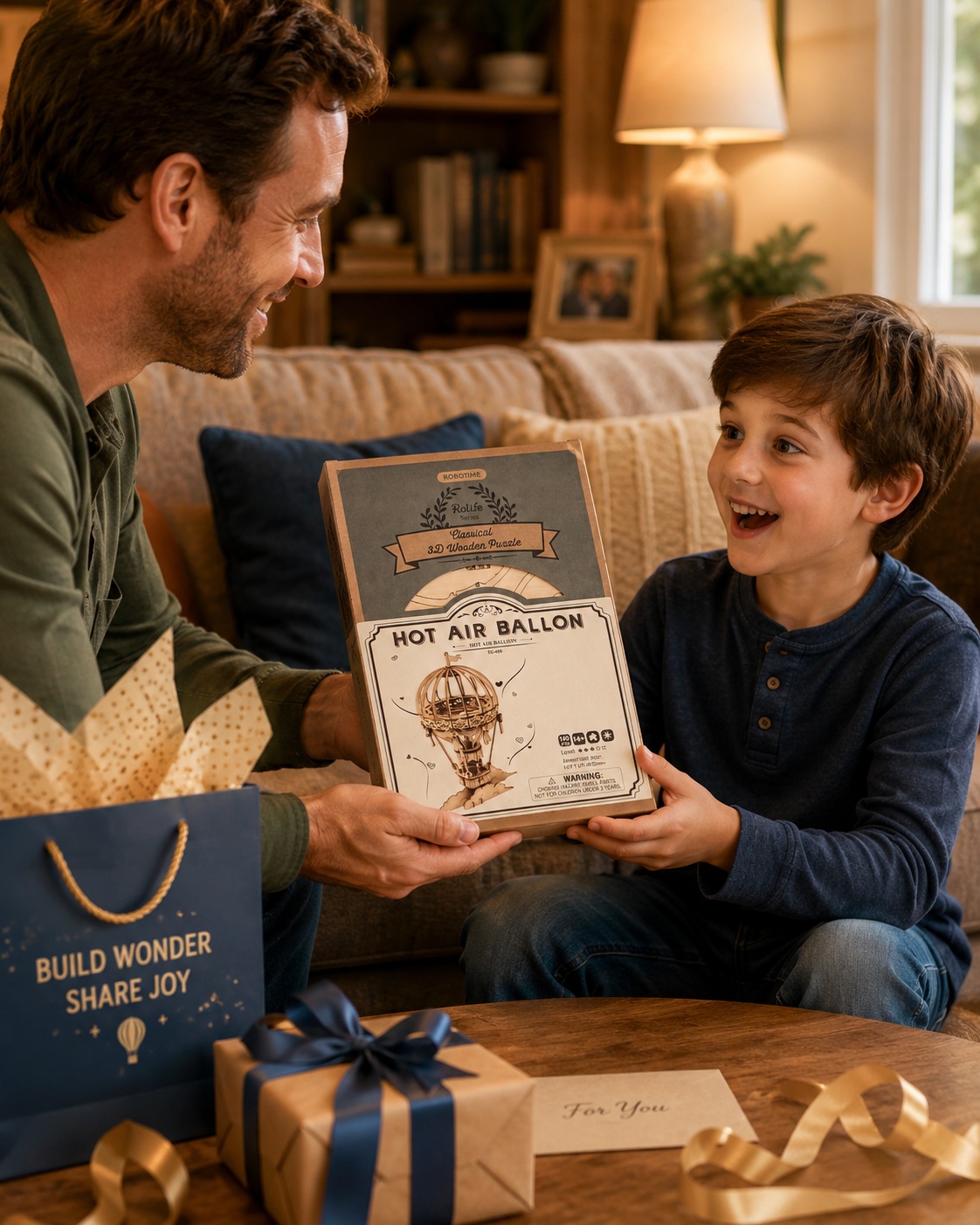 Rolife Hot Air Balloon gifting scene with a father and son holding the product package