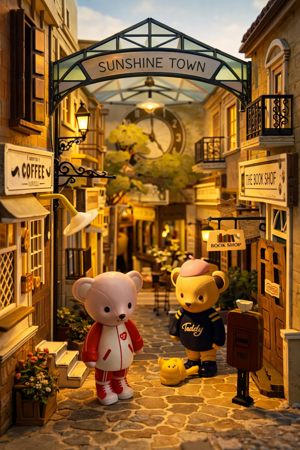 Inside JDisaduck's Sunny Town, there are two teddy bears, and the sunlight adds to the hopeful atmosphere.