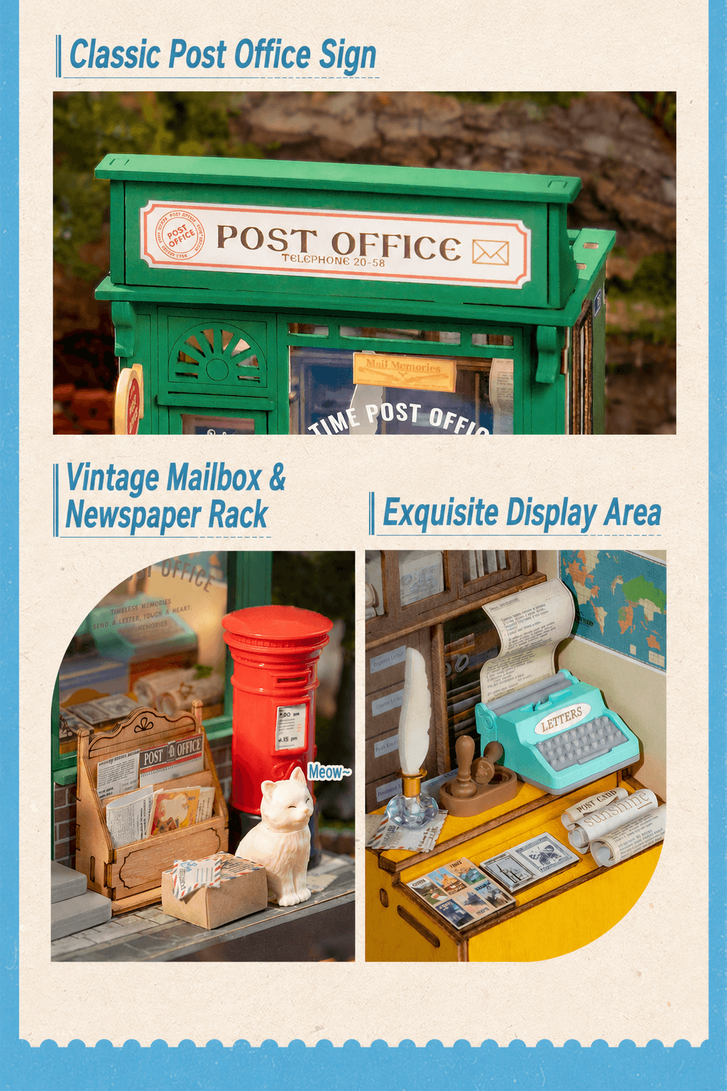Rolife Little & Warm Space Series3 Century Post Office detail graphic with post office sign, mailbox, and display counter