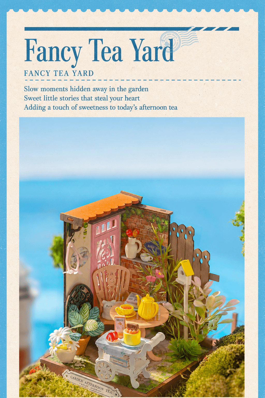 Rolife Little & Warm Space Series3 Fancy Tea Yard title graphic with design concept text