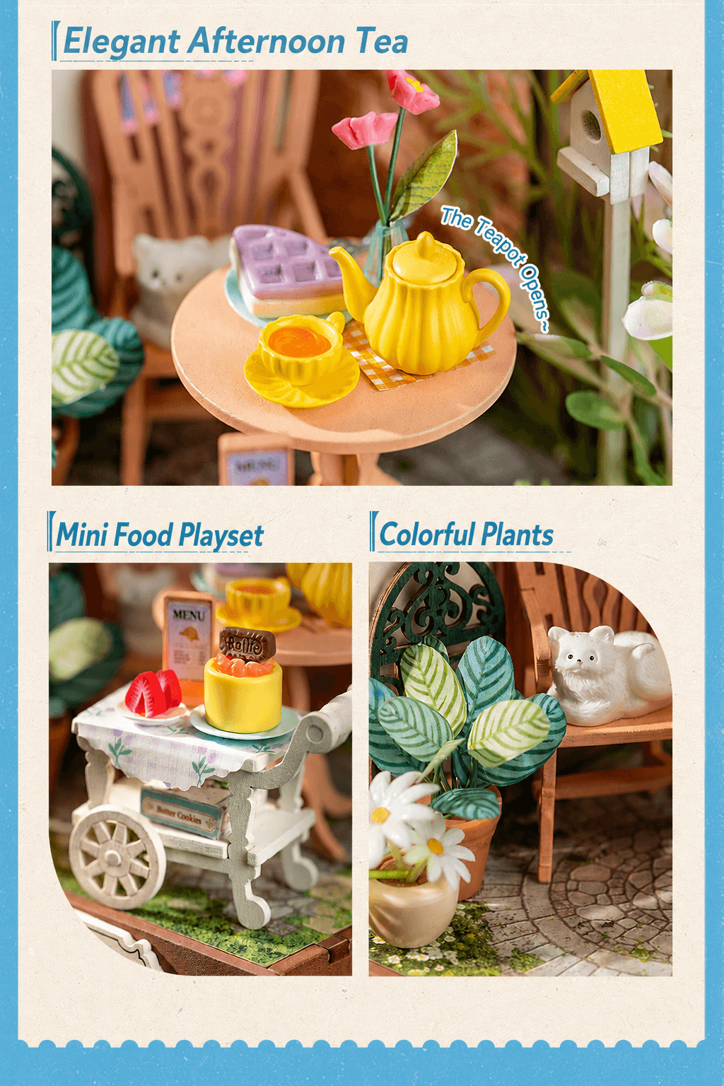 Rolife Little & Warm Space Series3 Fancy Tea Yard detail graphic with teapot, desserts, and garden plants