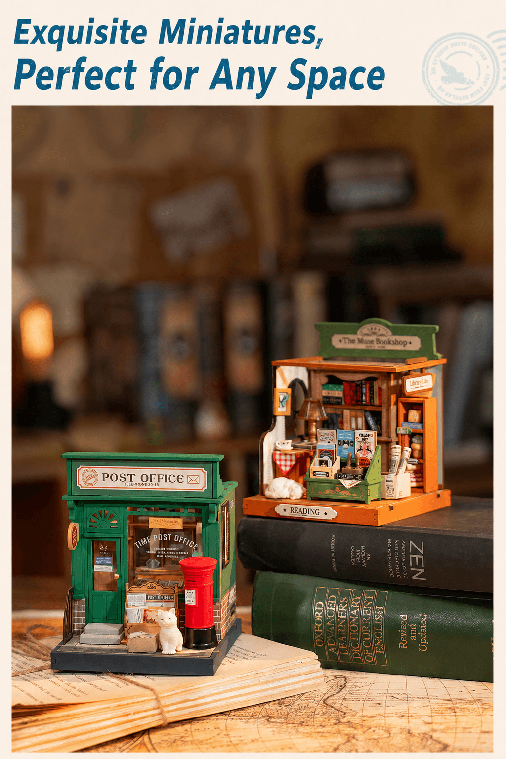 Rolife Little & Warm Space Series3 collection display graphic with Century Post Office and The Muse Bookshop on stacked books