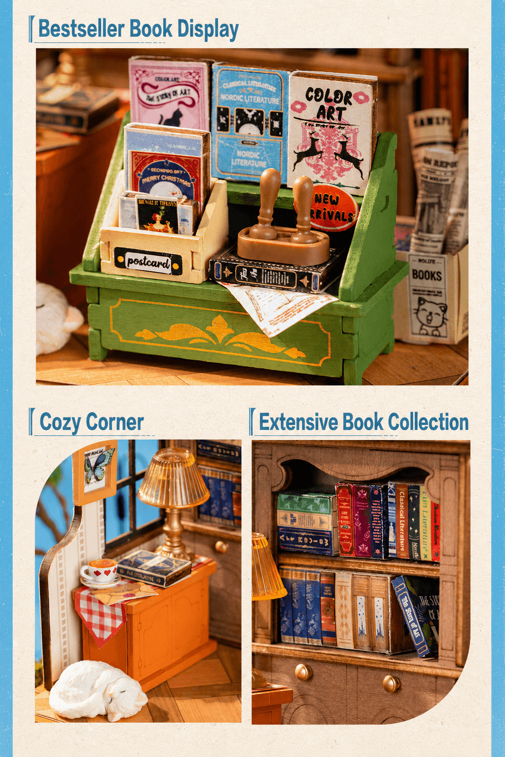 Rolife Little & Warm Space Series3 The Muse Bookshop detail graphic with book display, reading corner, and bookshelf