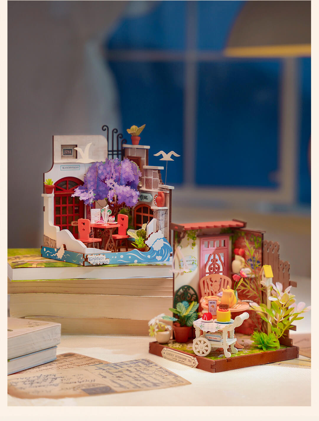 Rolife Little & Warm Space Series3 tabletop display graphic with Sea Holiday Restaurant and Fancy Tea Yard