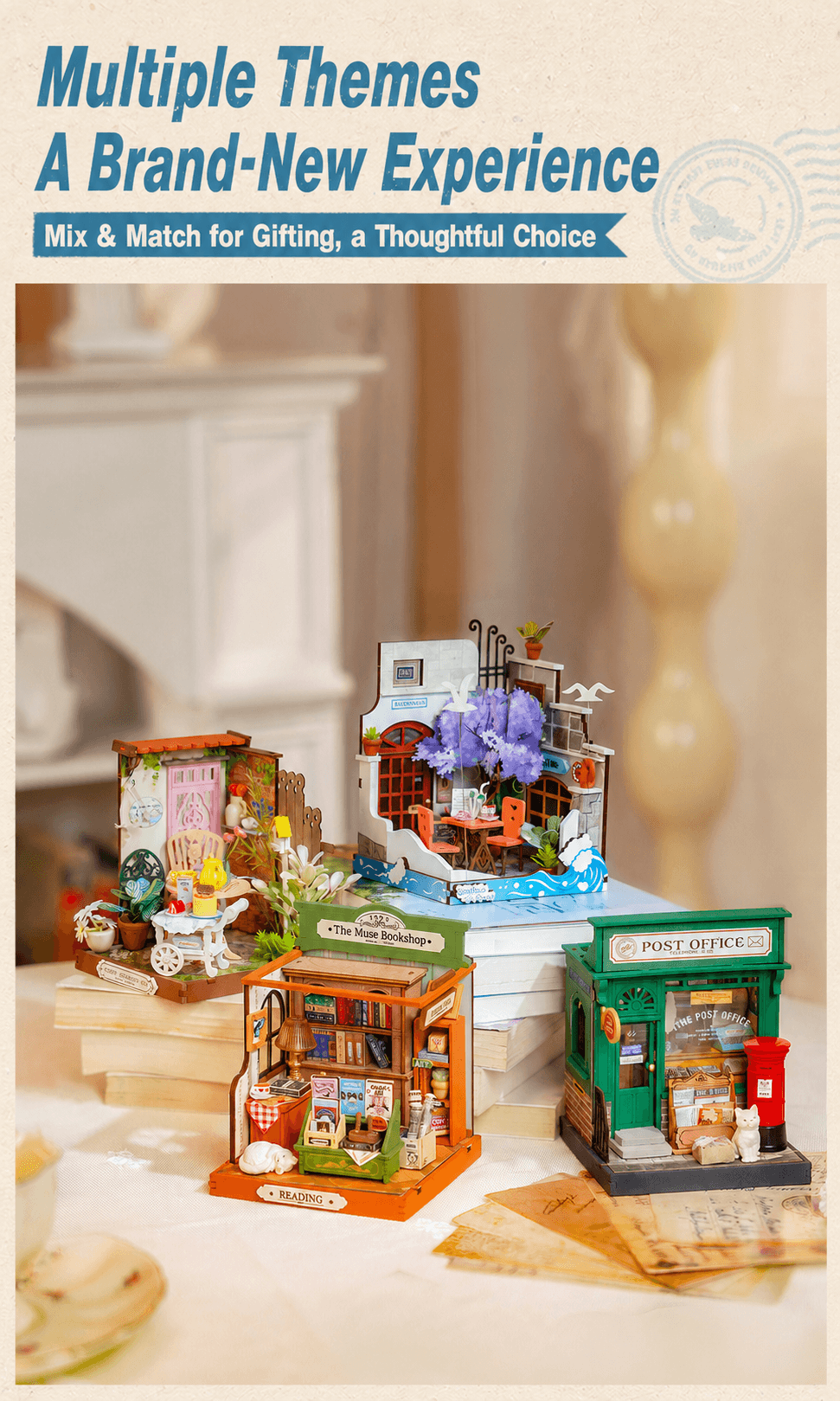 Rolife Little & Warm Space Series3 multi-theme collection display graphic with four miniature house scenes