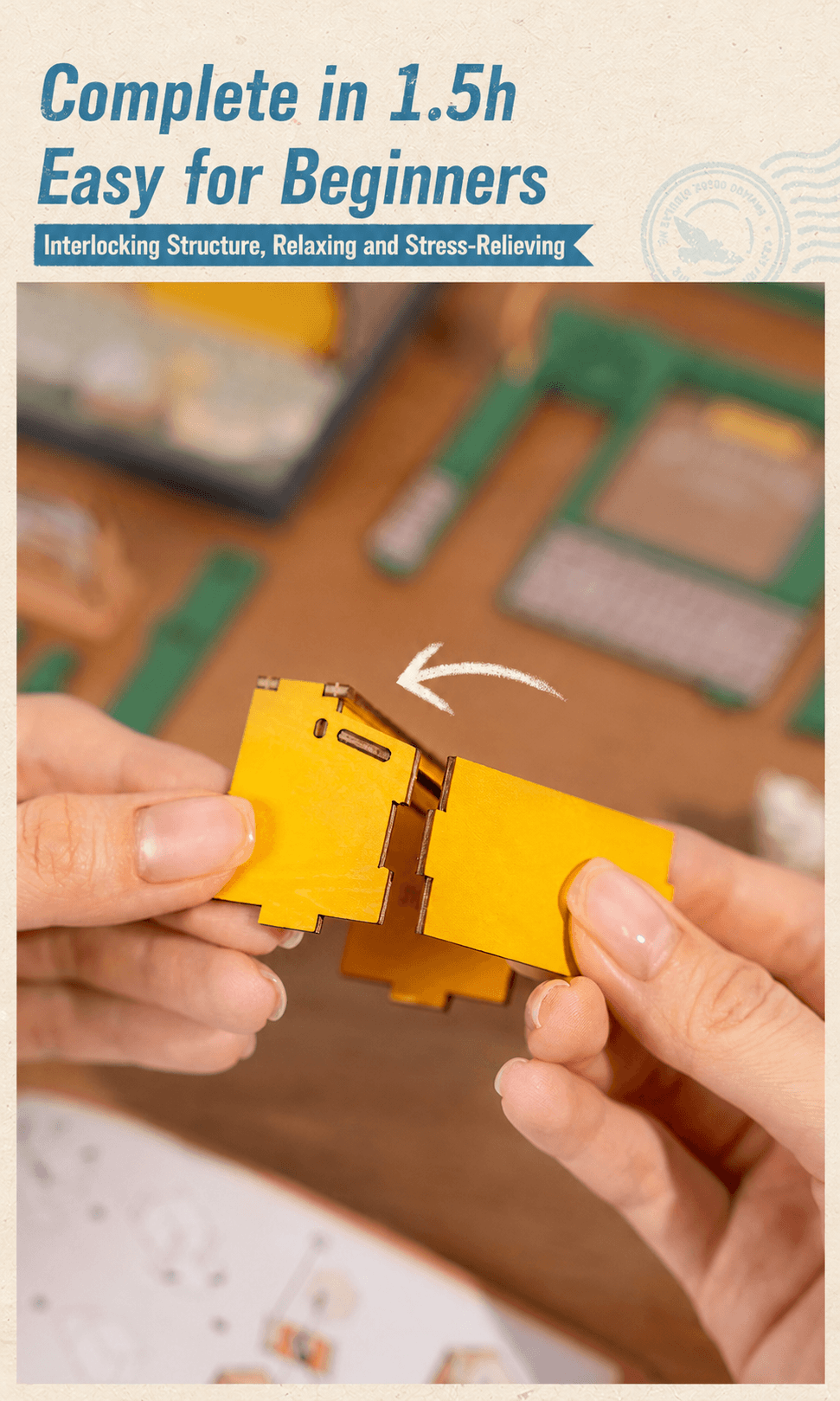 Rolife Little & Warm Space Series3 assembly graphic with interlocking structure and easy for beginners text