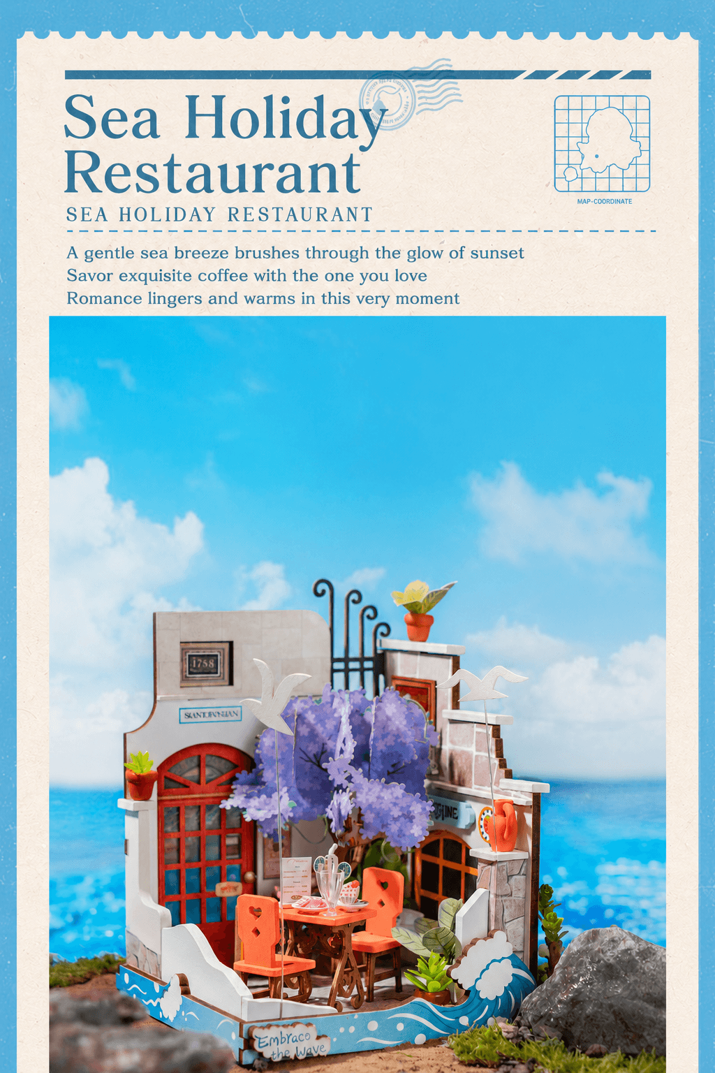 Rolife Little & Warm Space Series3 Sea Holiday Restaurant title graphic with design concept text