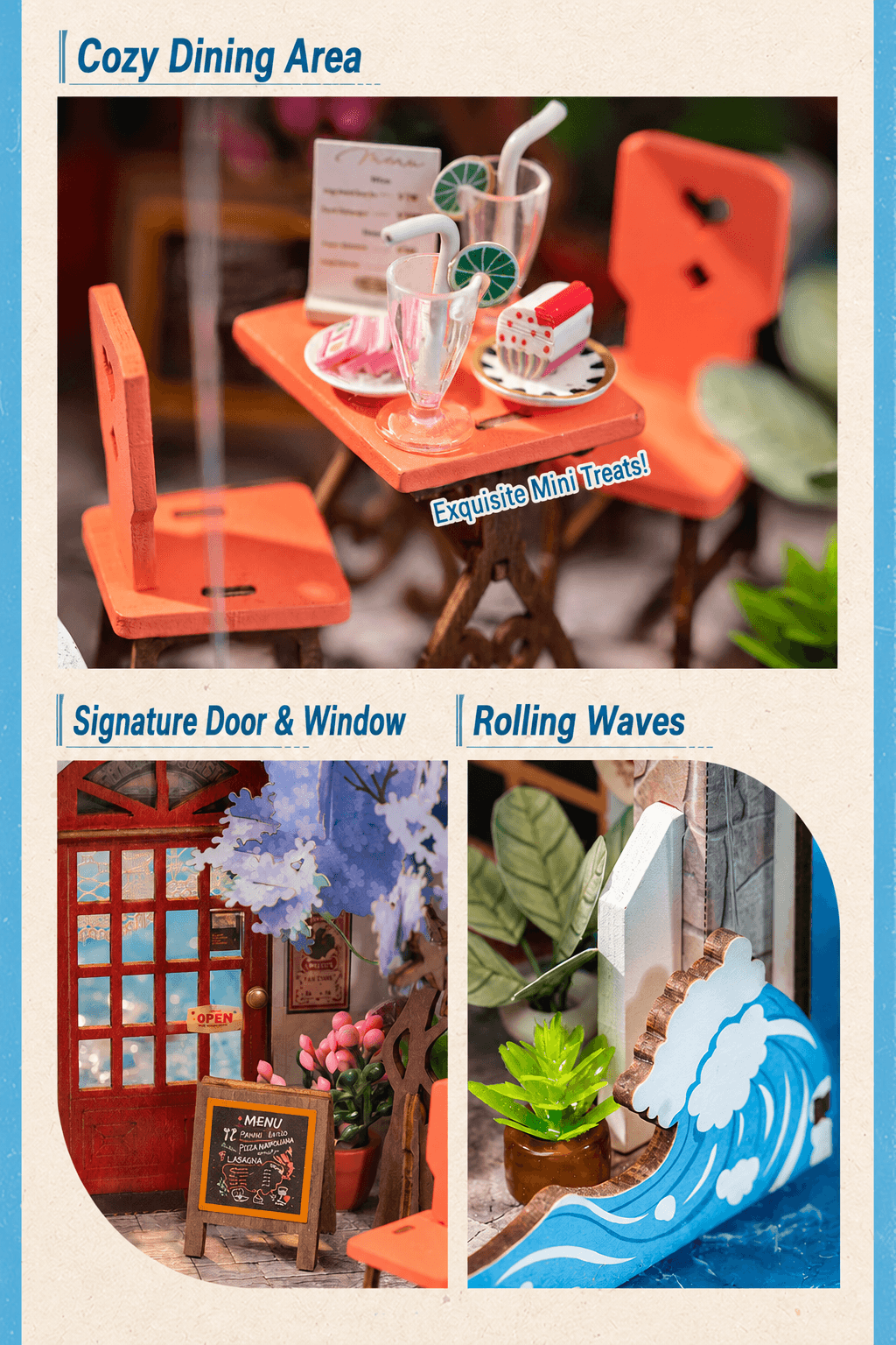 Rolife Little & Warm Space Series3 Sea Holiday Restaurant detail graphic with dining table, red door, and wave base