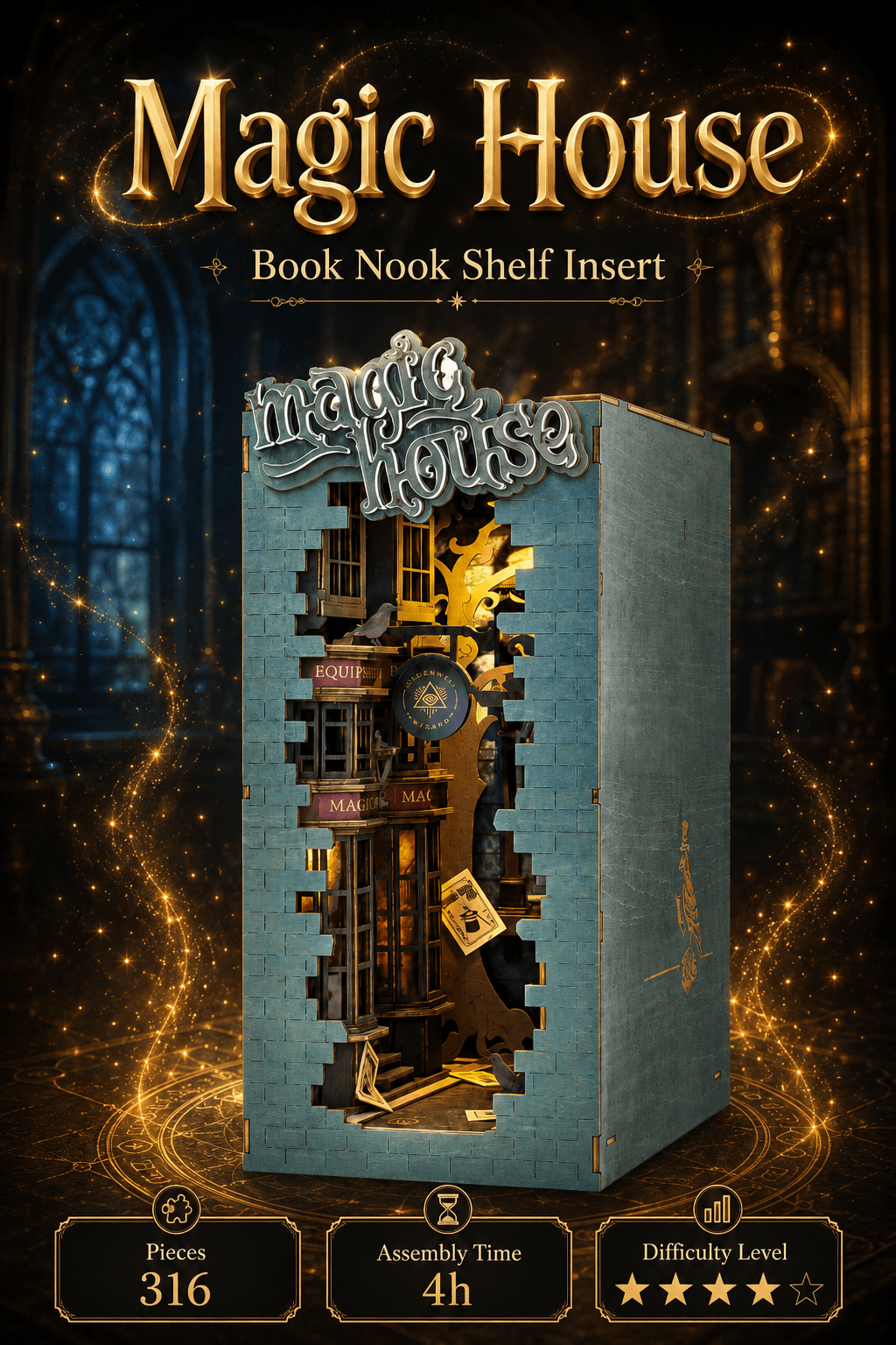 Rolife Magic House TGB03 overview graphic with 316 pieces, 4 hour assembly time, and 4 star difficulty level