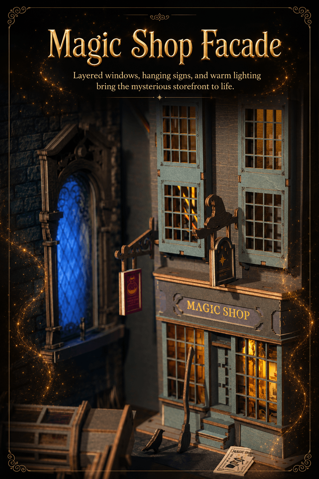 Rolife Magic House TGB03 magic shop facade graphic with layered windows, hanging signs, and warm lighting