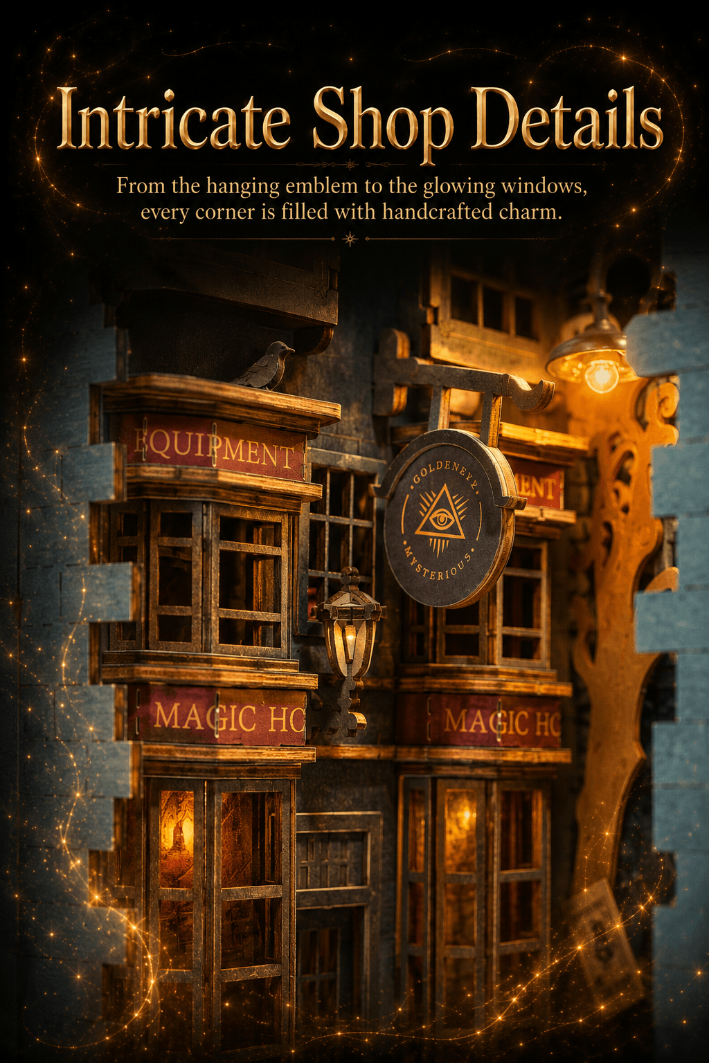 Rolife Magic House TGB03 intricate shop details graphic with hanging emblem, windows, and lantern