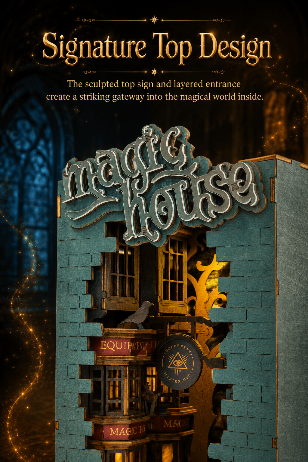 Rolife Magic House TGB03 signature top design graphic with sculpted title sign and layered entrance