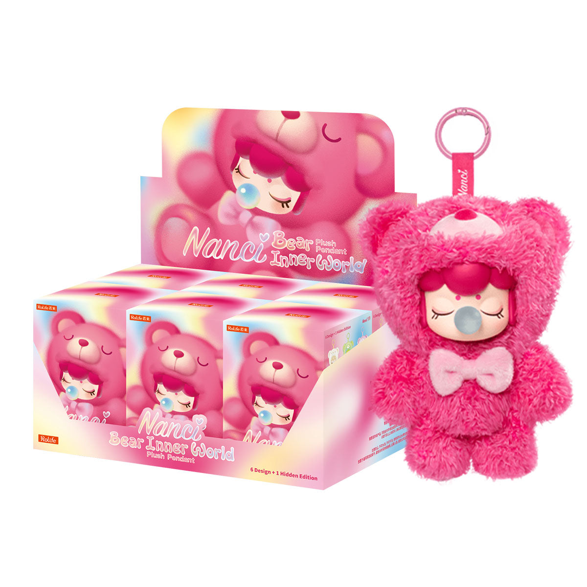 Rolife Nanci Bear Inner World blind box display with a rose plush pendant