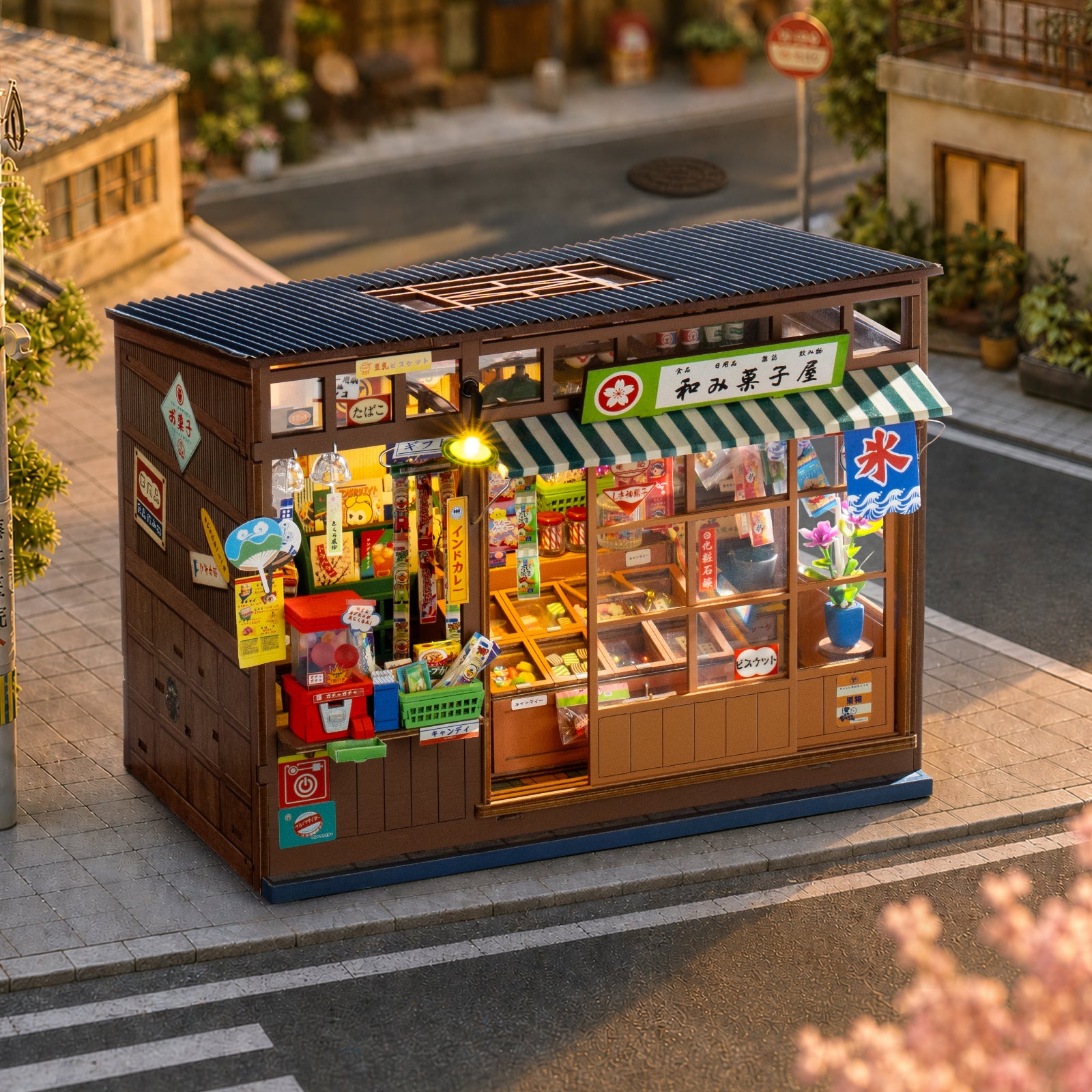Rolife Nostalgic Corner Shop TGE05 size chart showing 24.6x15.9x18.7 cm dimensions