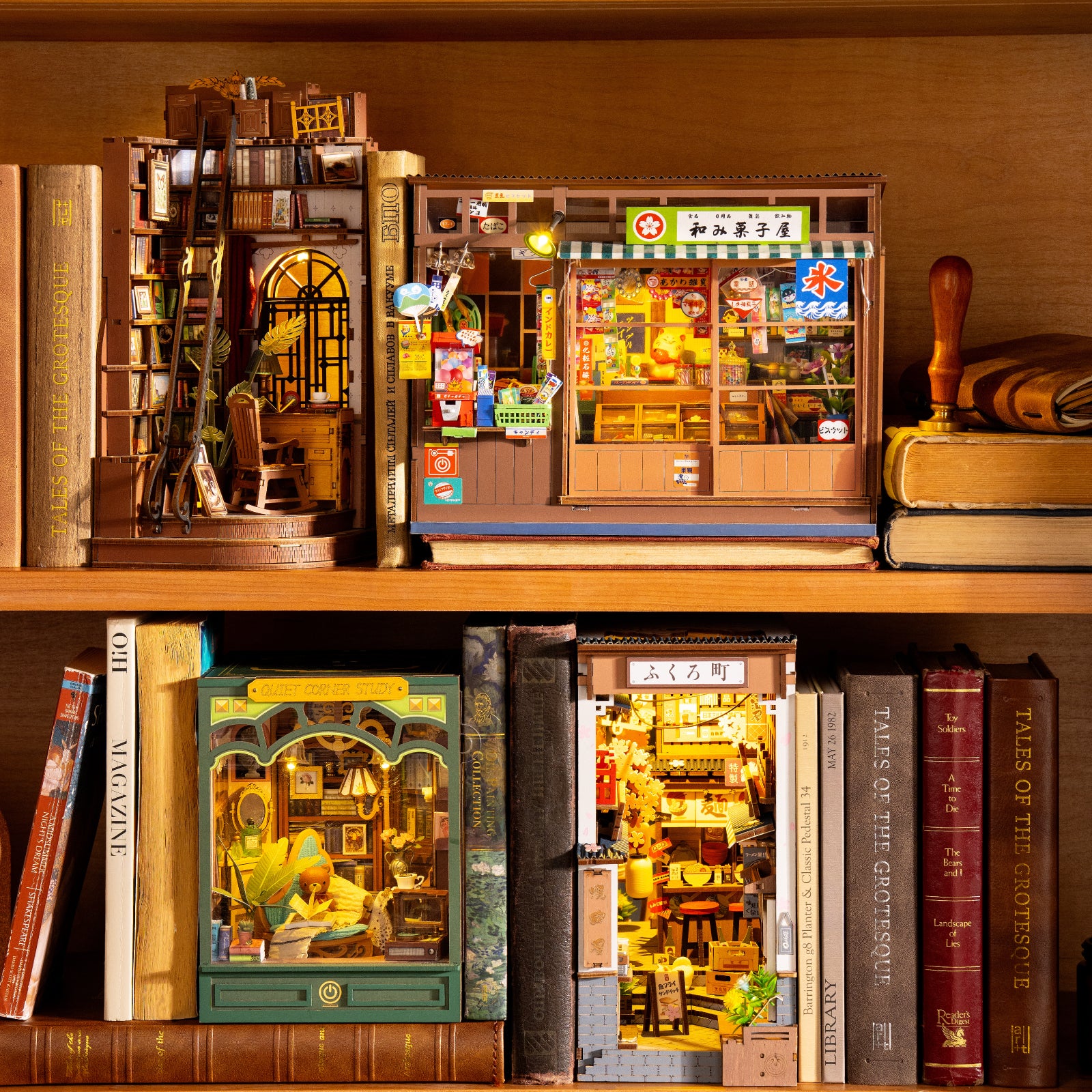 Rolife Nostalgic Corner Shop TGE05 product packaging with completed miniature shop model