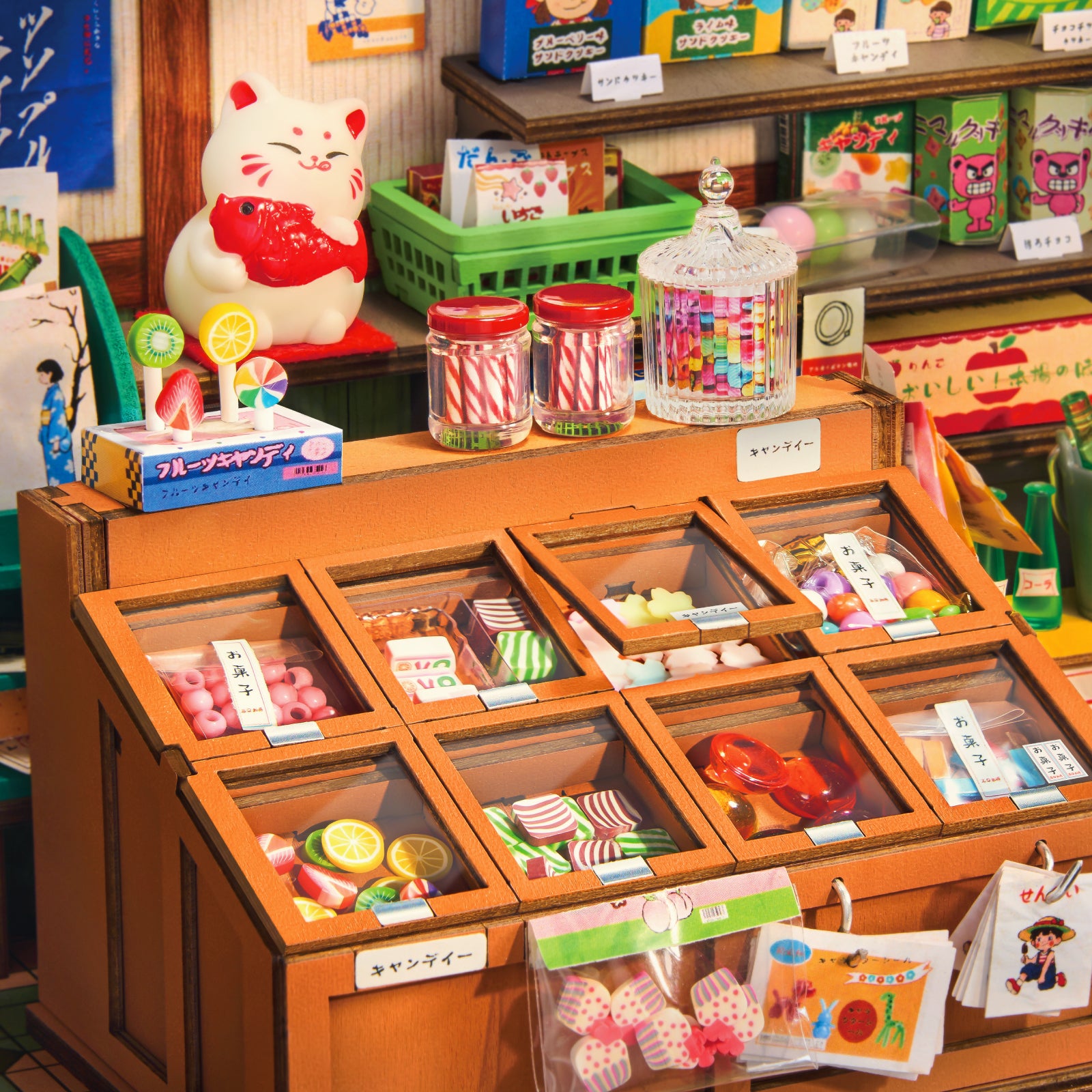 Close-up details of snacks, wagashi, shelves, and retro decor in Rolife DIY Book Nook - Nostalgic Corner Shop TGE05