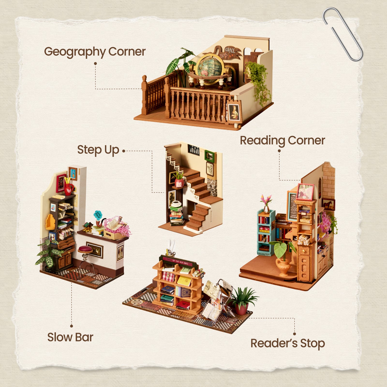 Pagestory Books sections showing the slow bar, stairs, reader's stop, reading corner, and geography corner