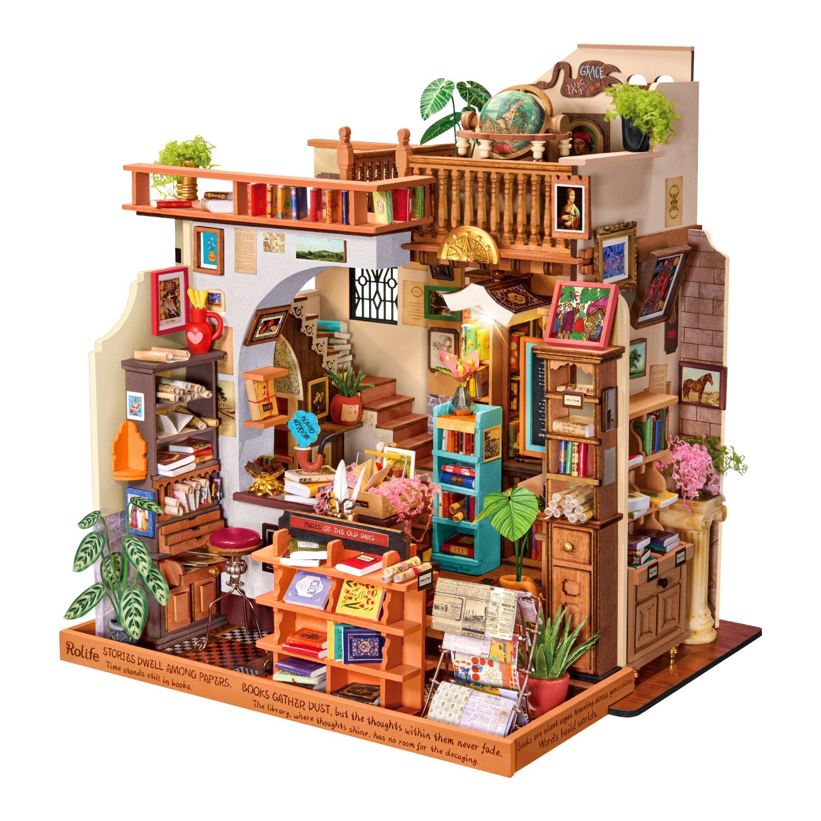 Complete Pagestory Books miniature bookstore with shelves, plants, artwork, and a globe