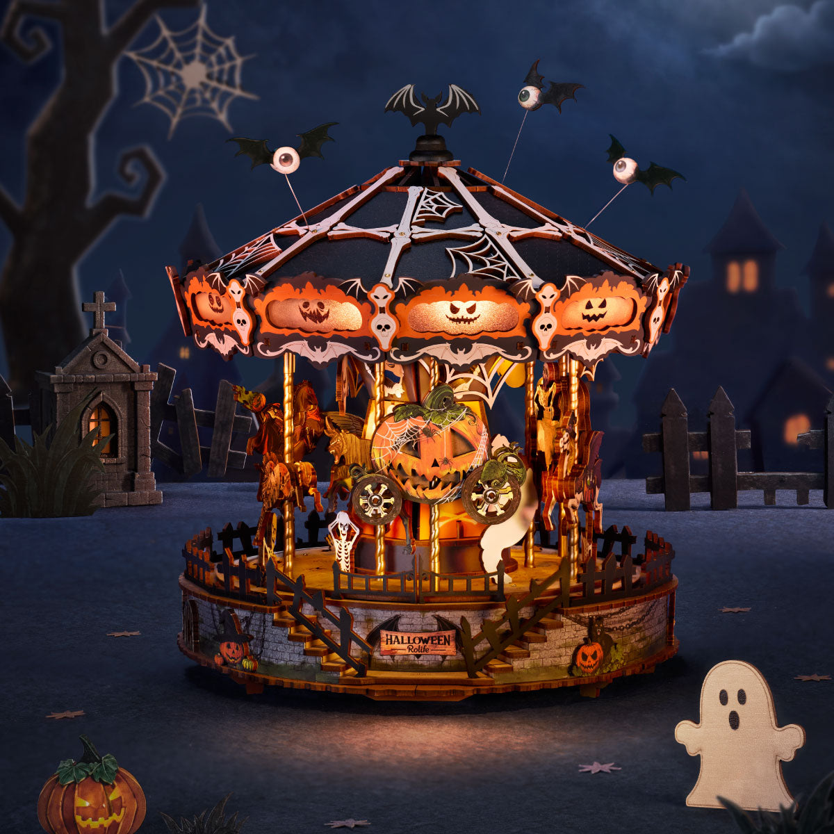 Rolife Phantom Waltz Halloween carousel music box glowing with pumpkins, ghosts and graveyard details
