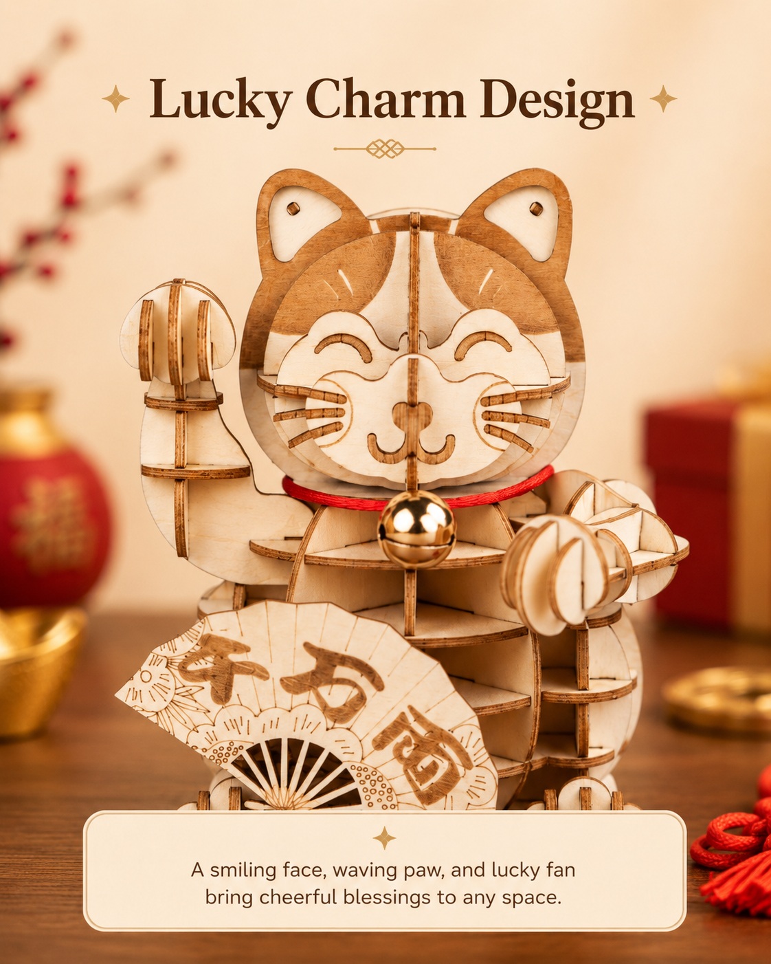 Rolife Plutus Cat design graphic highlighting the lucky charm bell, waving paw, and decorative fan