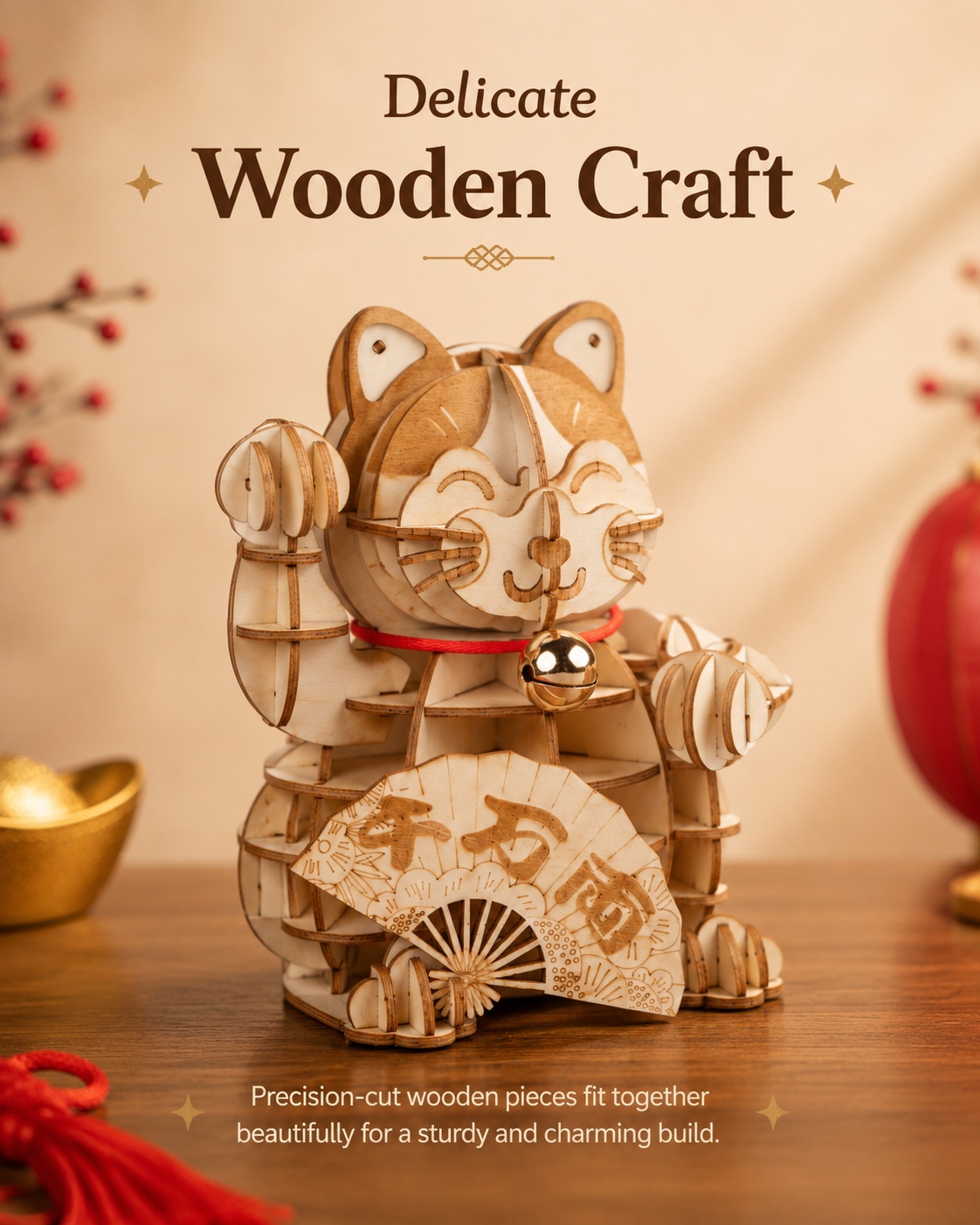 Rolife Plutus Cat detail graphic showing delicate wooden craft carving and layered lucky cat features